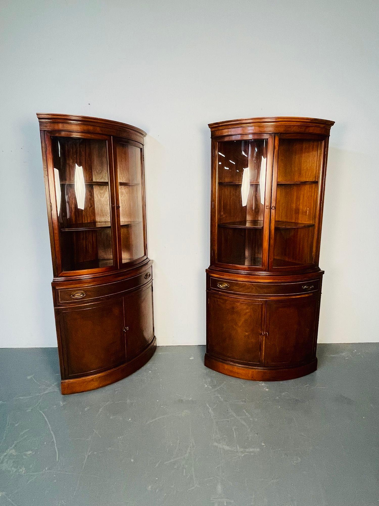 20th Century Pair of Mahogany Demi Lune Corner Cabinets, Bookcases / Vitrines, Circa 1940