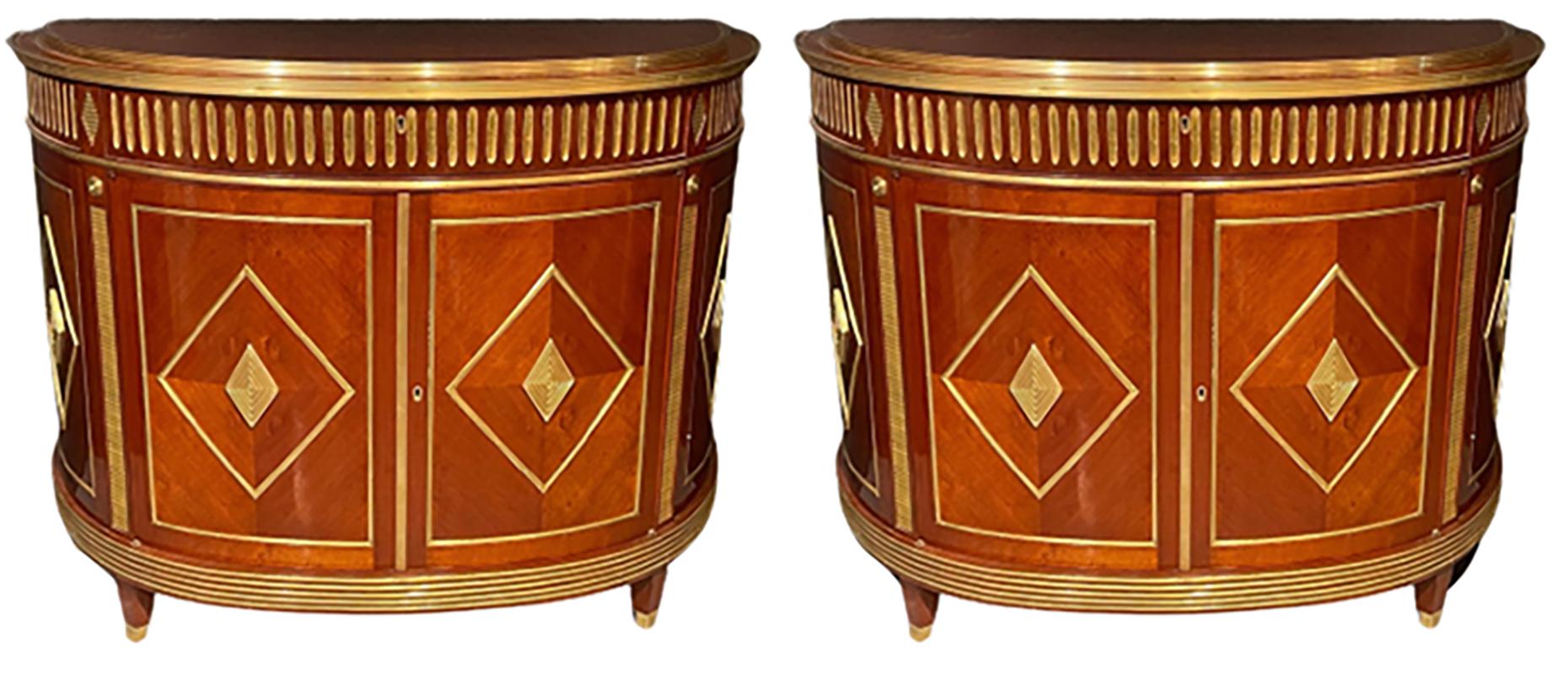 Russian neoclassical style pair of bronze mounted finely polished d shaped commodes, servers or bedside stands. Leaving nothing to the imagination these fully refinished chests are simply stunning. Each with open shelved interiors under a single