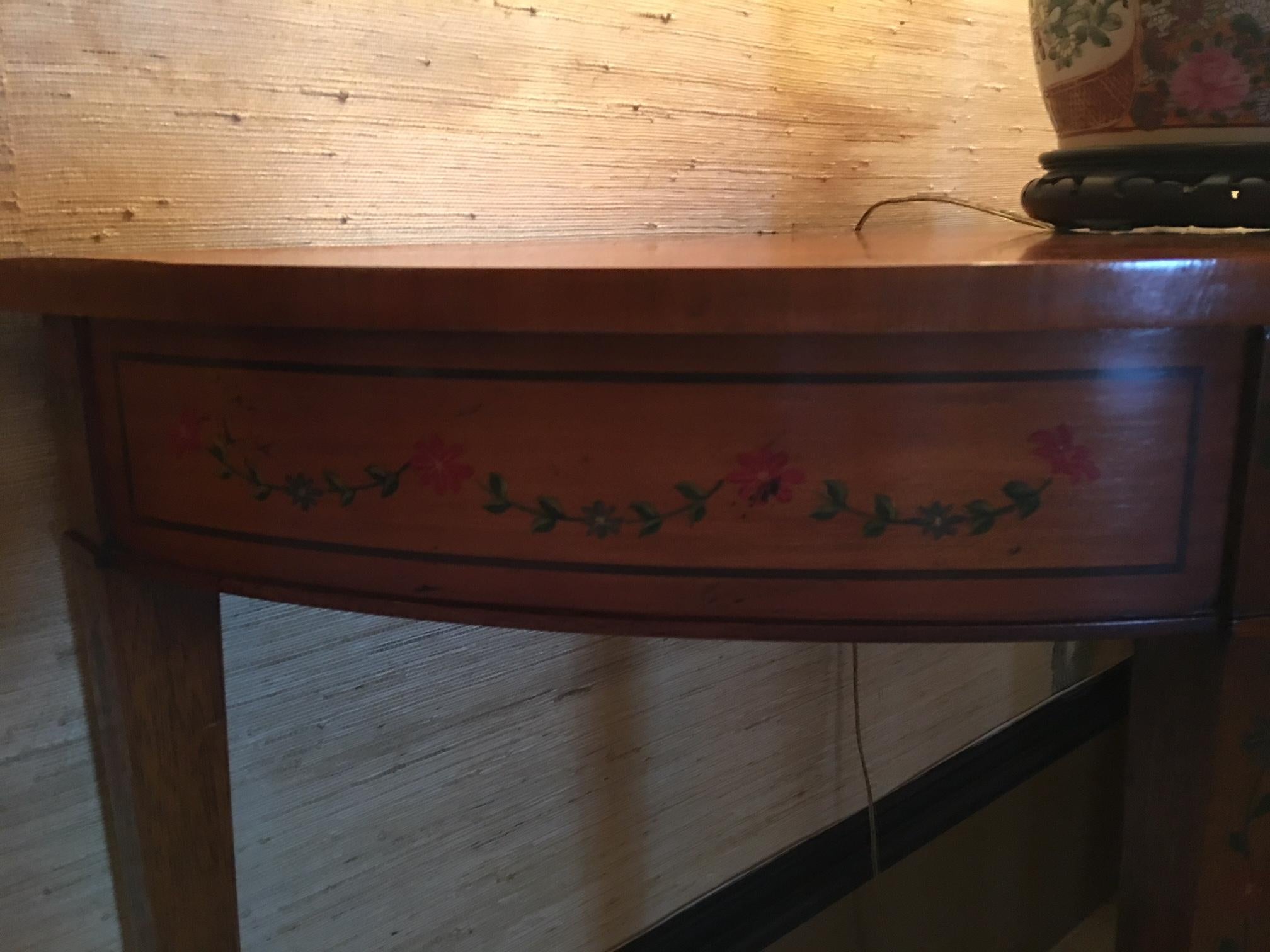 Pair of Mahogany Demilune Tables with Hand Painted Leaves, 20th Century 2