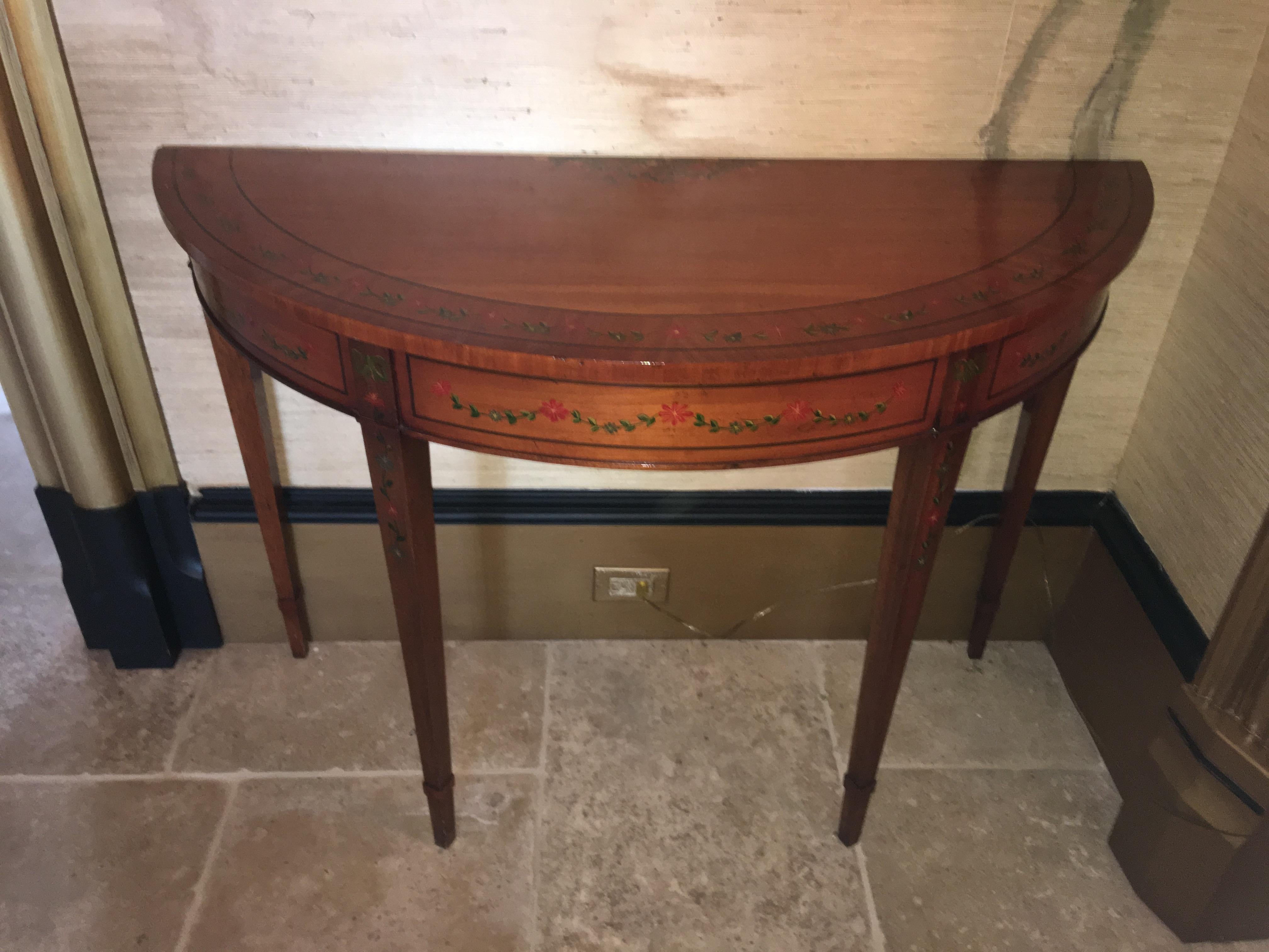 Pair of Mahogany Demilune Tables with Hand Painted Leaves, 20th Century 3