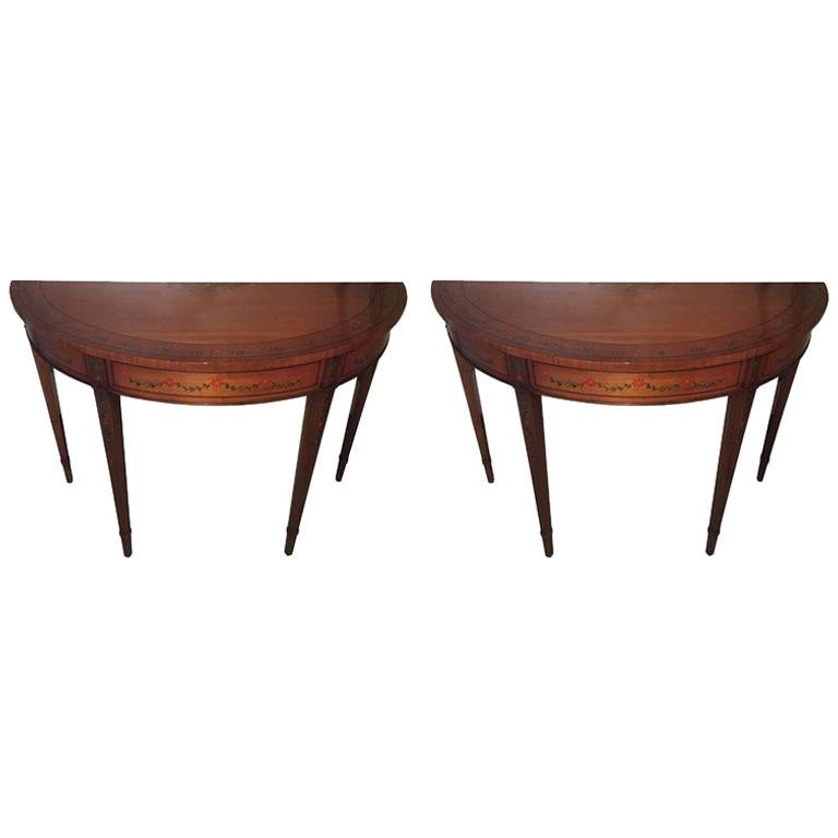 Pair of Mahogany Demilune Tables with Hand Painted Leaves, 20th Century