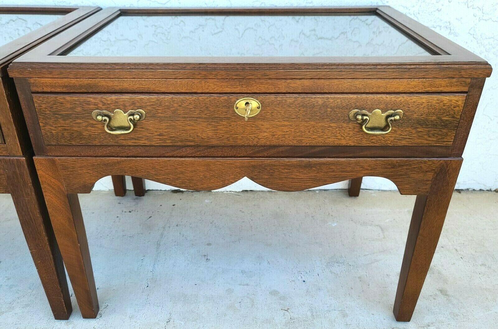 French Provincial Pair of Mahogany Display Case End Side Tables with Locks