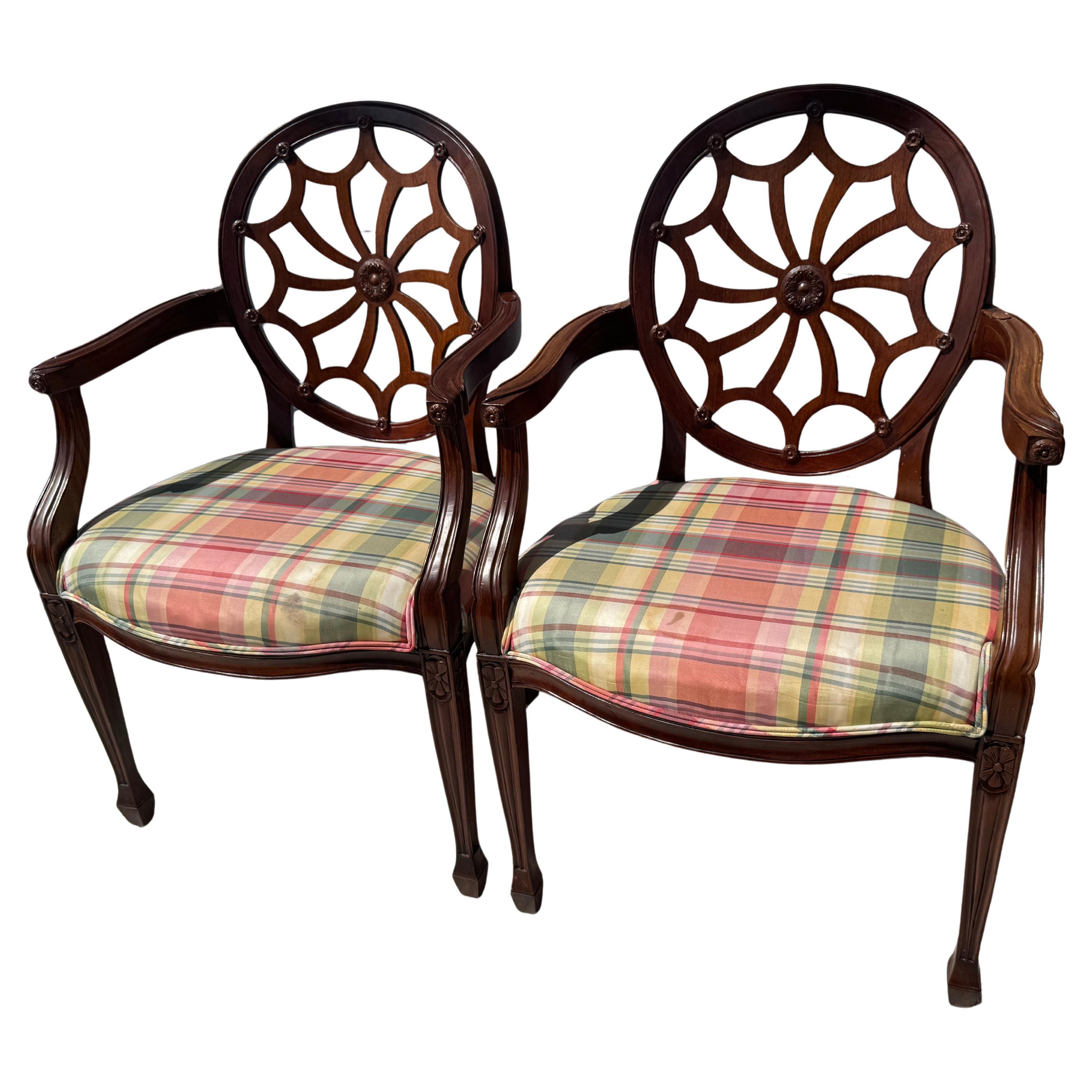 Pair of Mahogany Edward Ferrell Style Hepplewhite "Cobweb"  Armchairs