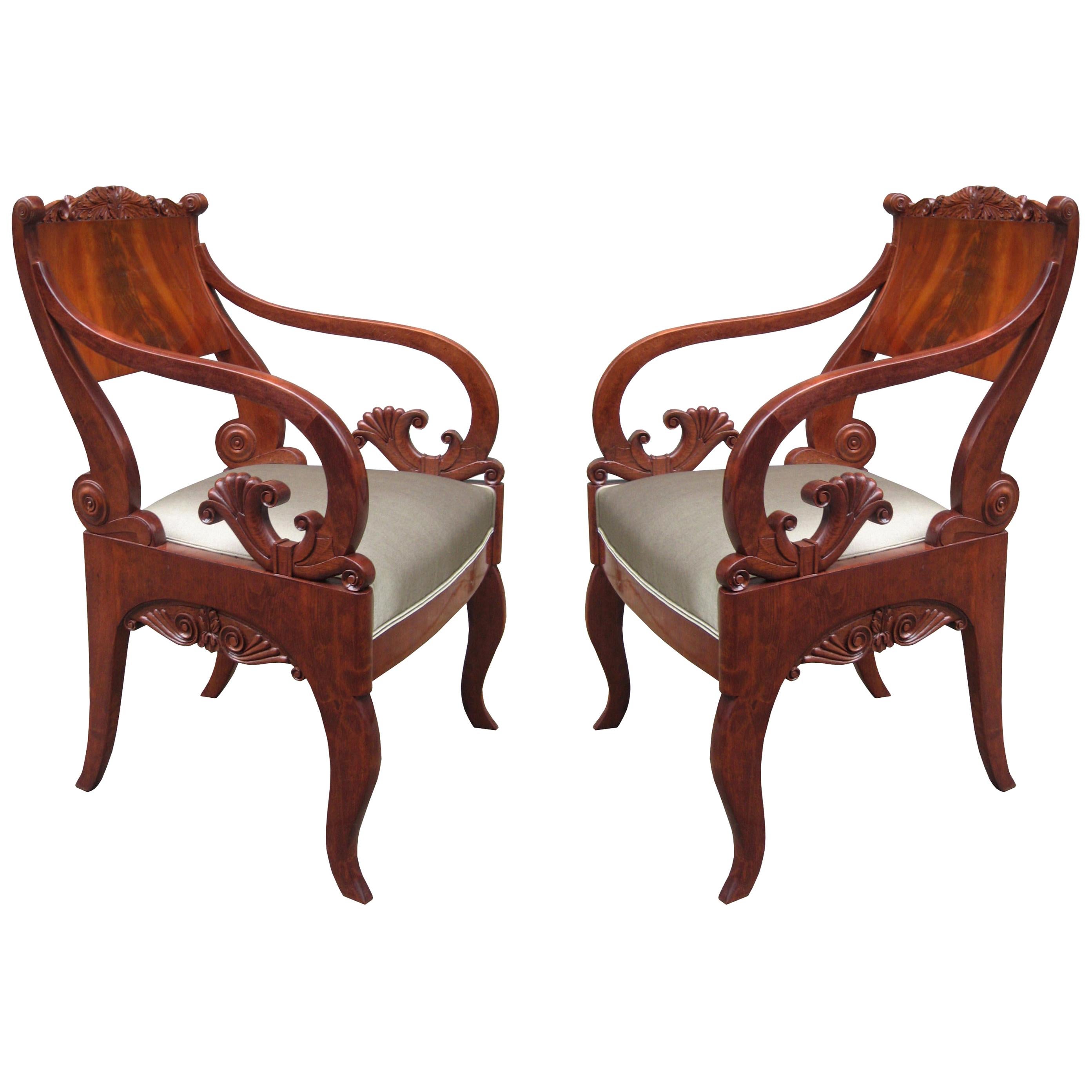 Pair of Mahogany Empire Armchairs For Sale