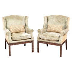 Vintage Pair of Mahogany Framed Wing Chairs from John Rosselli
