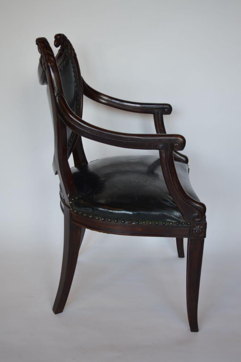 19th Century Pair of Mahogany French Bistro Arm Chairs with Leather Upolstry