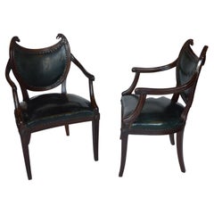 Pair of Mahogany French Bistro Arm Chairs with Leather Upolstry