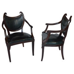 Antique Pair of Mahogany French Bistro Arm Chairs with Leather Upolstry