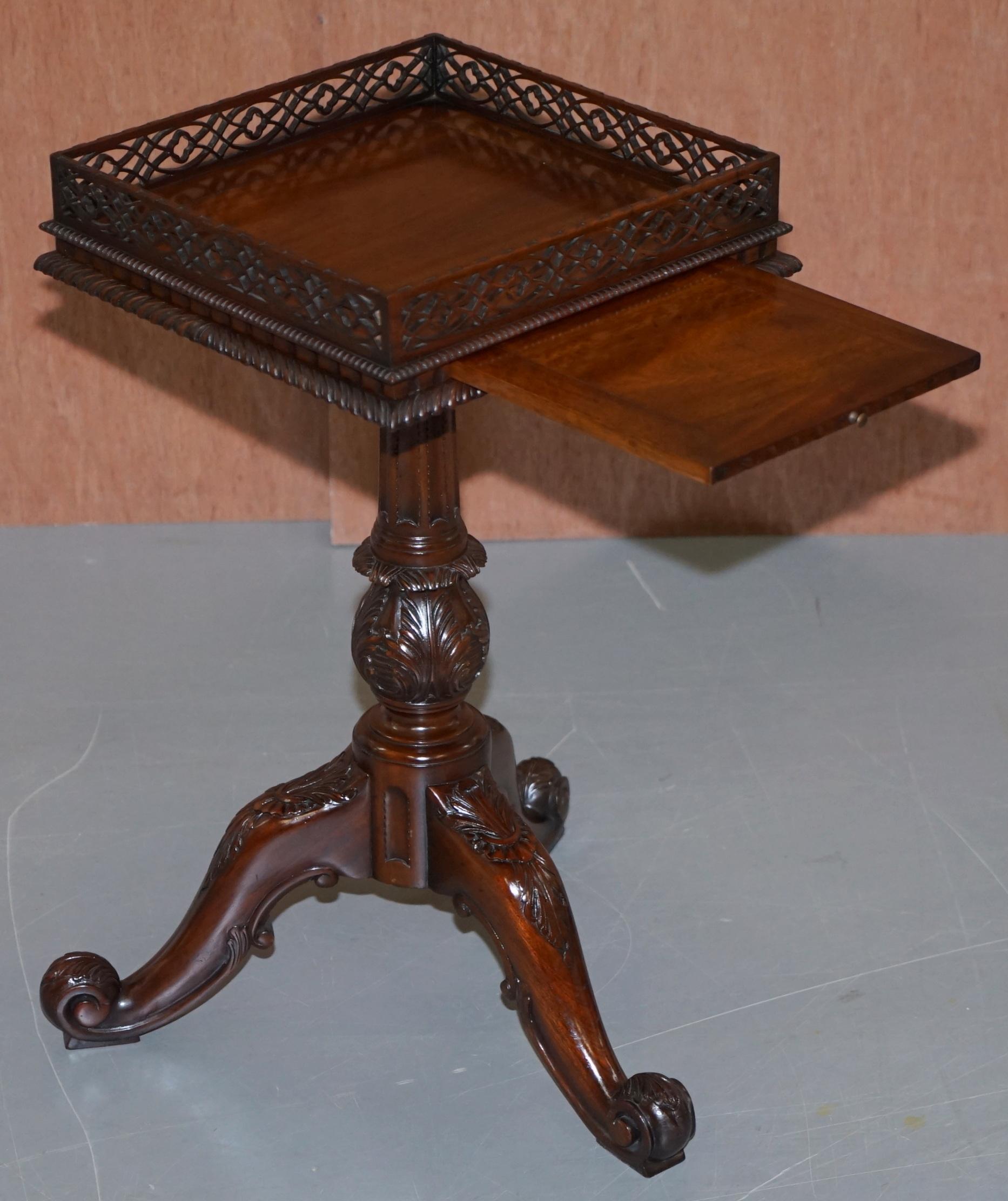 Pair of Mahogany Fretwork Gallery Carved Side End Tables Chippendale Revival 4