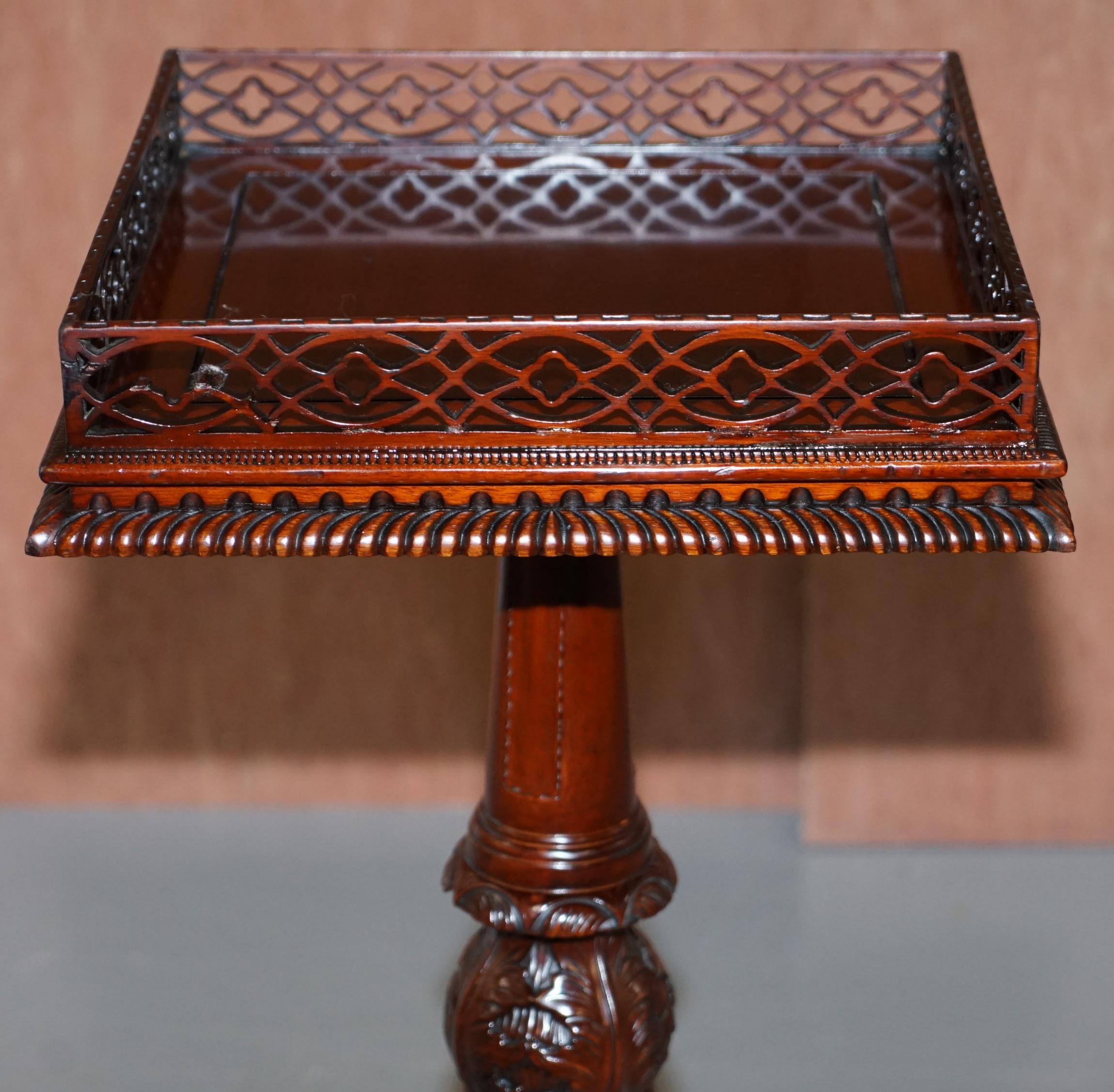 Pair of Mahogany Fretwork Gallery Carved Side End Tables Chippendale Revival 12