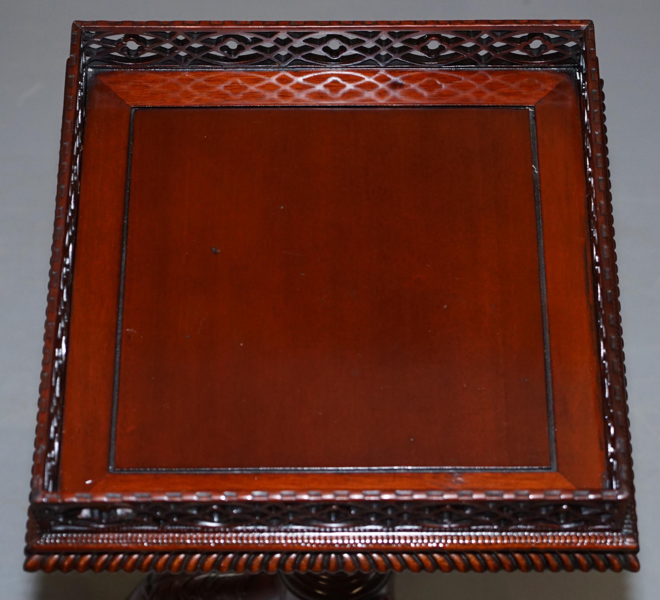 Pair of Mahogany Fretwork Gallery Carved Side End Tables Chippendale Revival 13