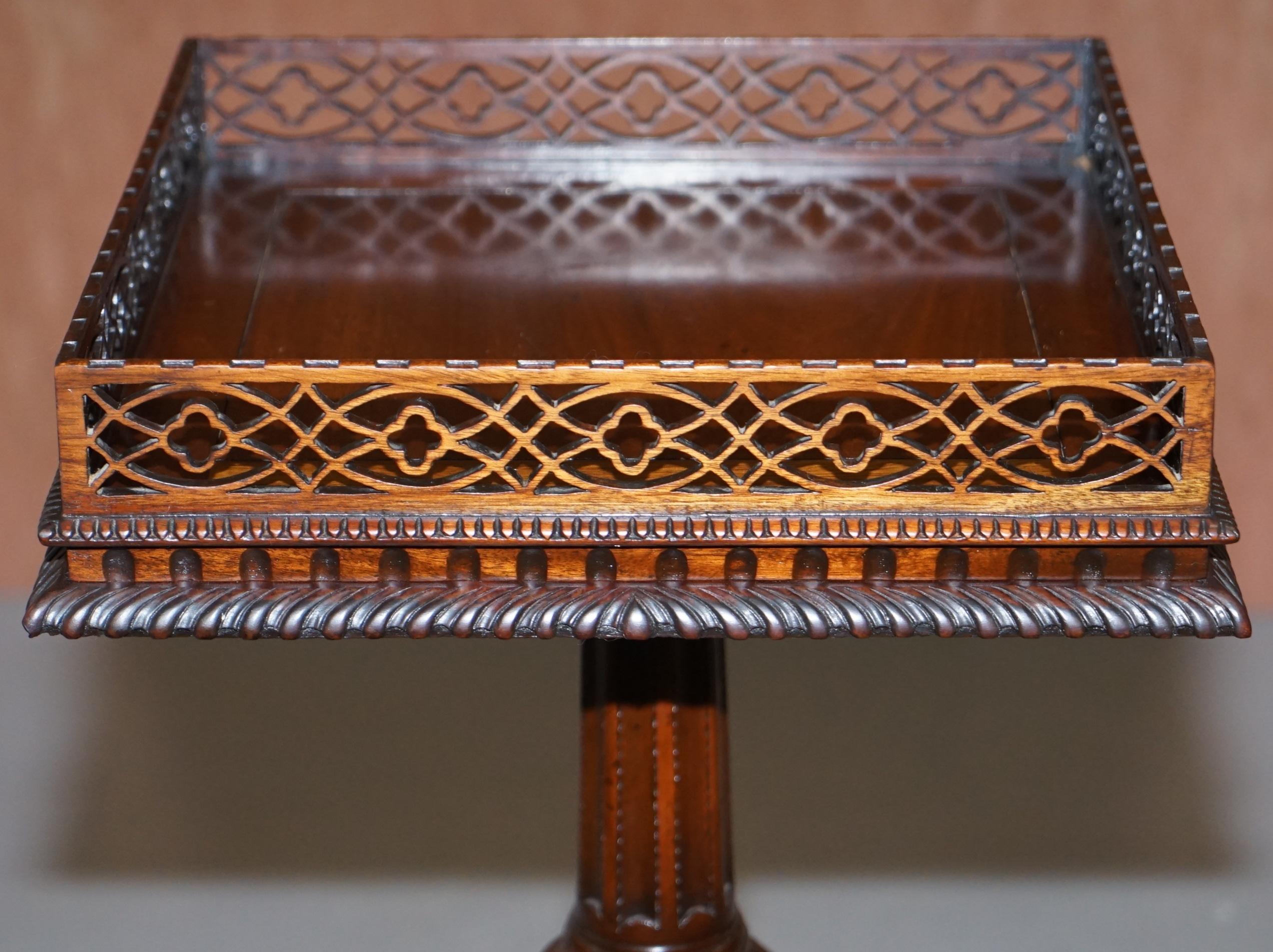Pair of Mahogany Fretwork Gallery Carved Side End Tables Chippendale Revival 2