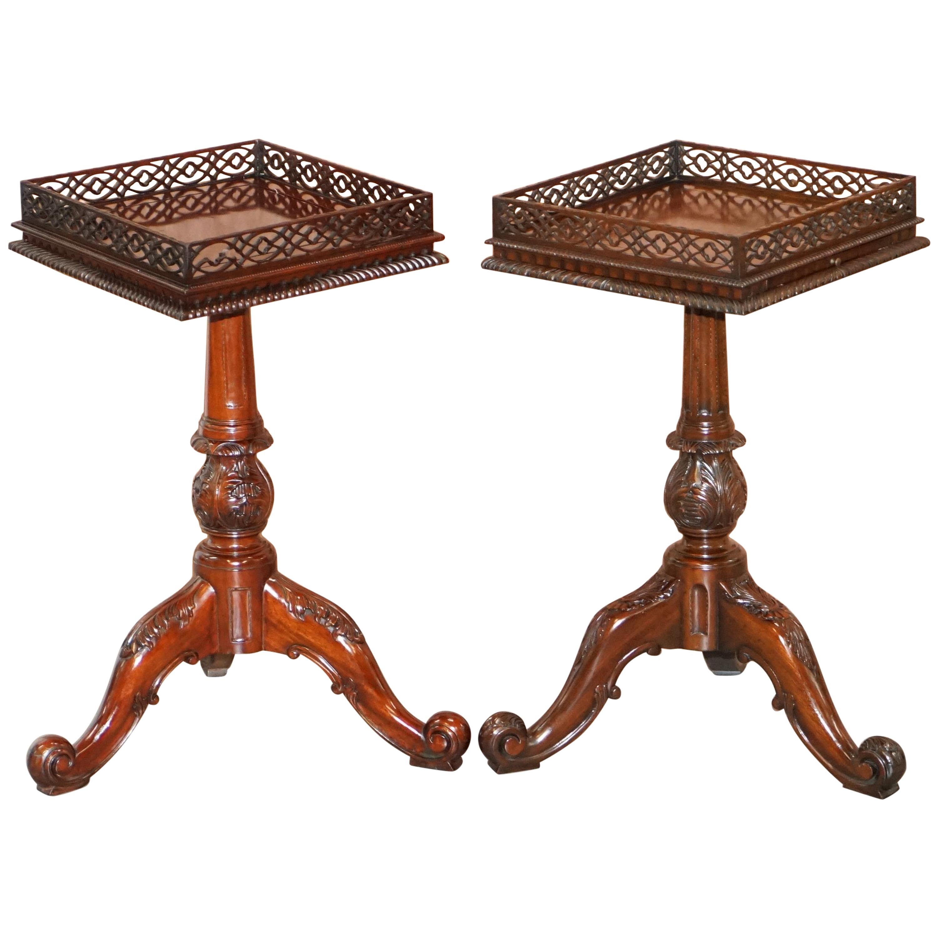 Pair of Mahogany Fretwork Gallery Carved Side End Tables Chippendale Revival