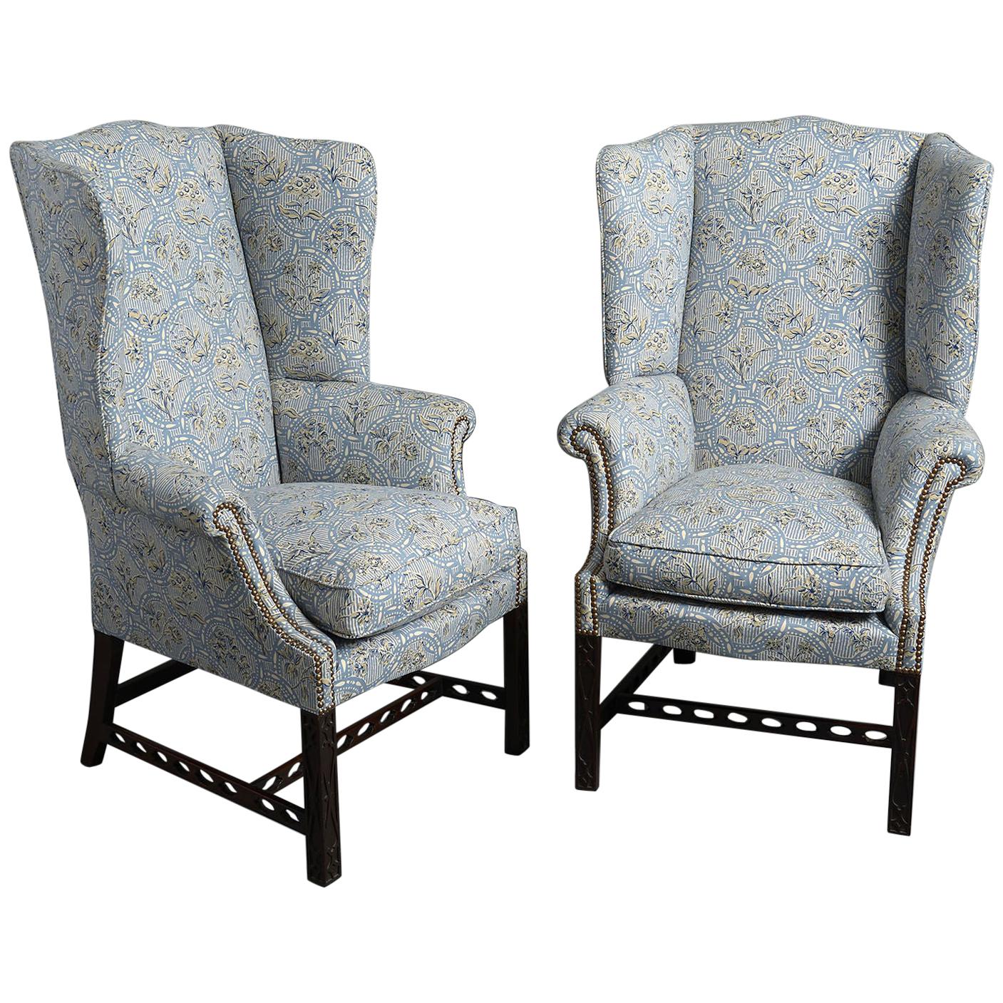 Pair of Mahogany "Gothic Chippendale" Wing Armchairs