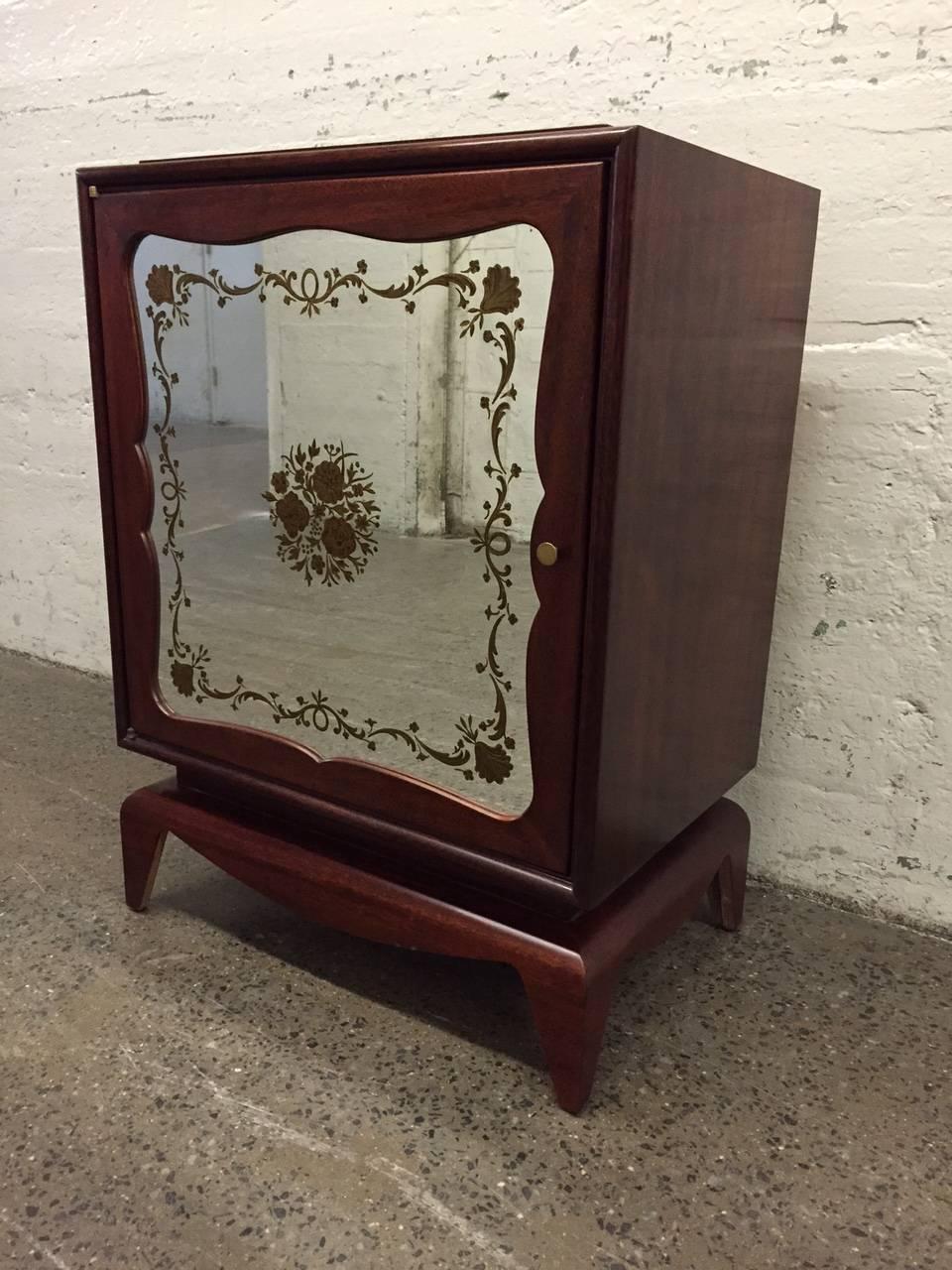 Art Deco Pair of Mahogany Grosfeld House Cabinets with Etched Mirrored Panels For Sale