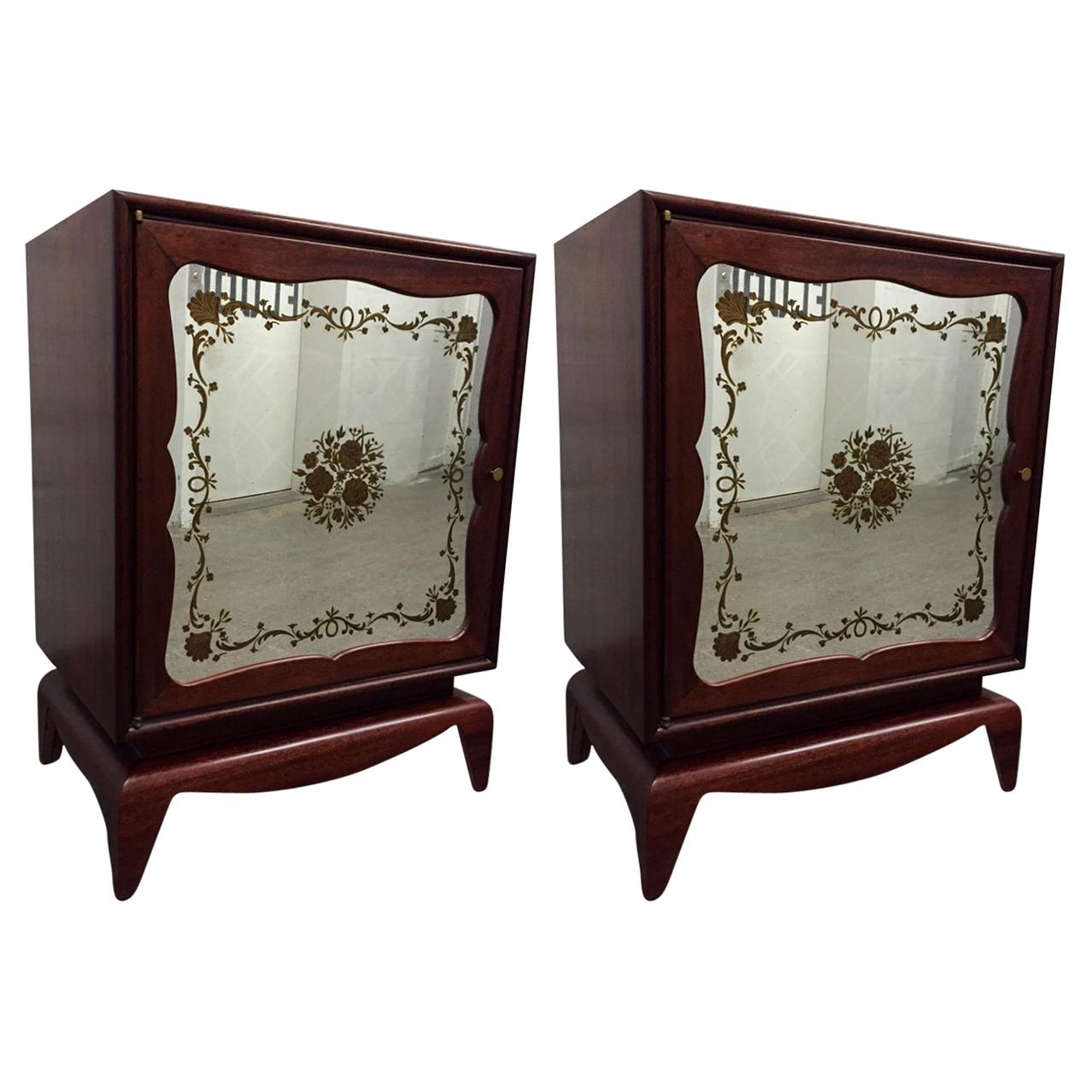 Pair of Mahogany Grosfeld House Cabinets with Etched Mirrored Panels For Sale