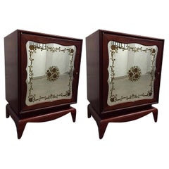 Pair of Mahogany Grosfeld House Cabinets with Etched Mirrored Panels