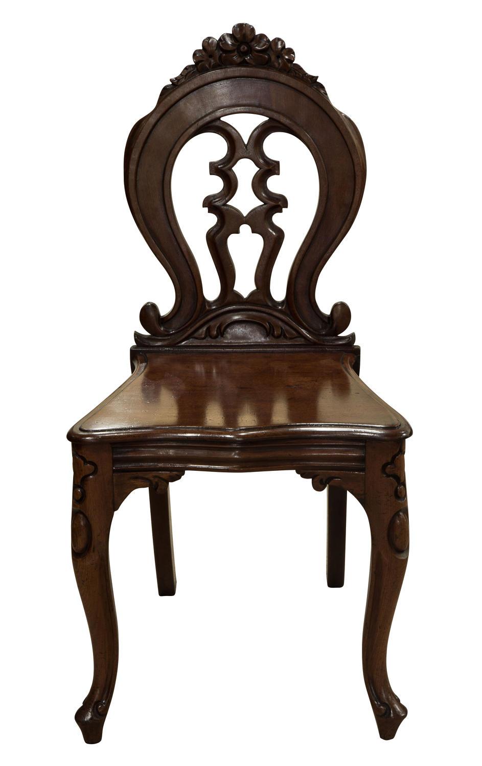 Pair of mahogany hall chairs

circa 1860.