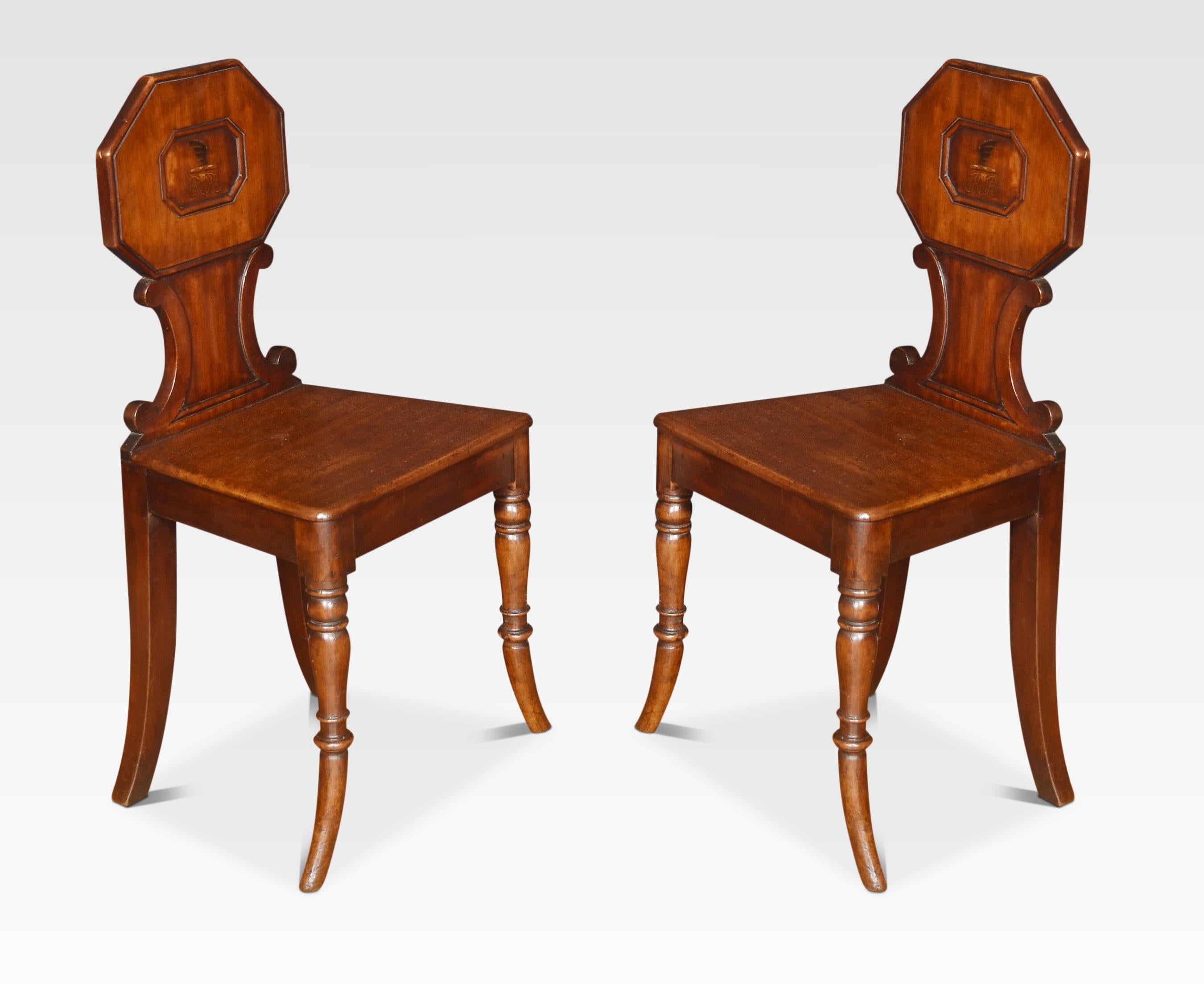 Pair of hall chairs, each with shaped hand painted backs with the letters r b above the solid mahogany seats. All raised up on turned front legs terminating in splayed feet.
Dimensions
Height 32.5 inches height to seat 16.5 inches
Width 19