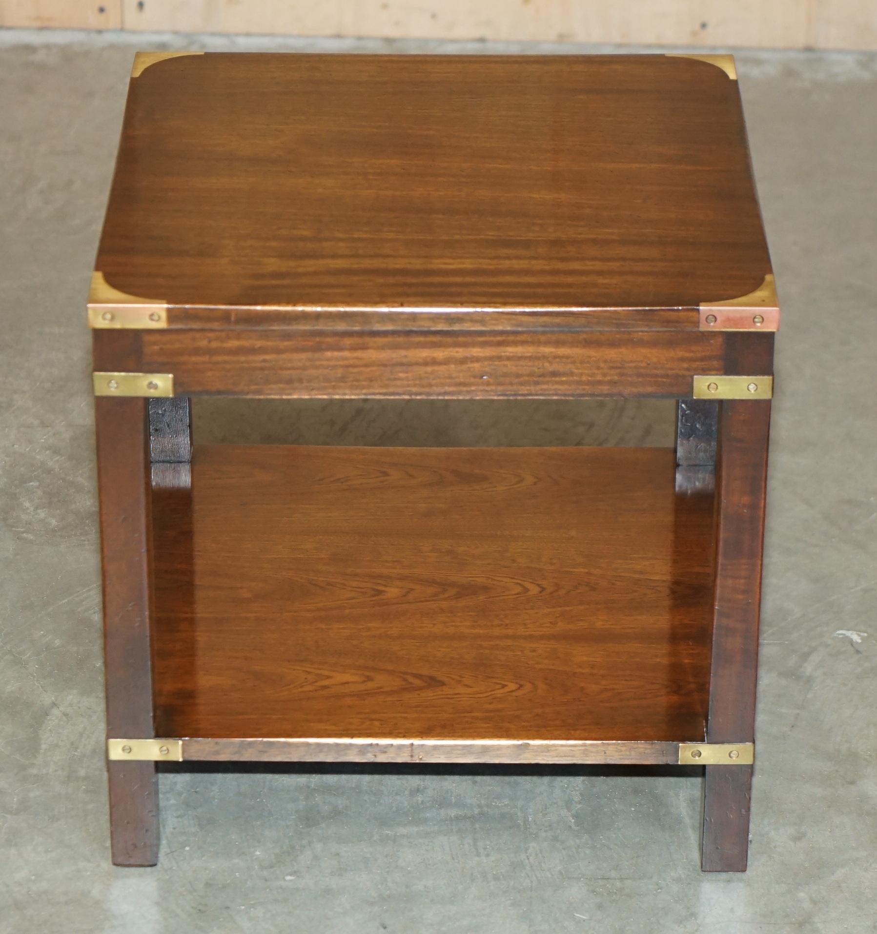 English PAIR OF HARDWOOD HARRODS LONDON KENNEDY MILITARY CAMPAIGN HIGH SiDE END TABLES For Sale