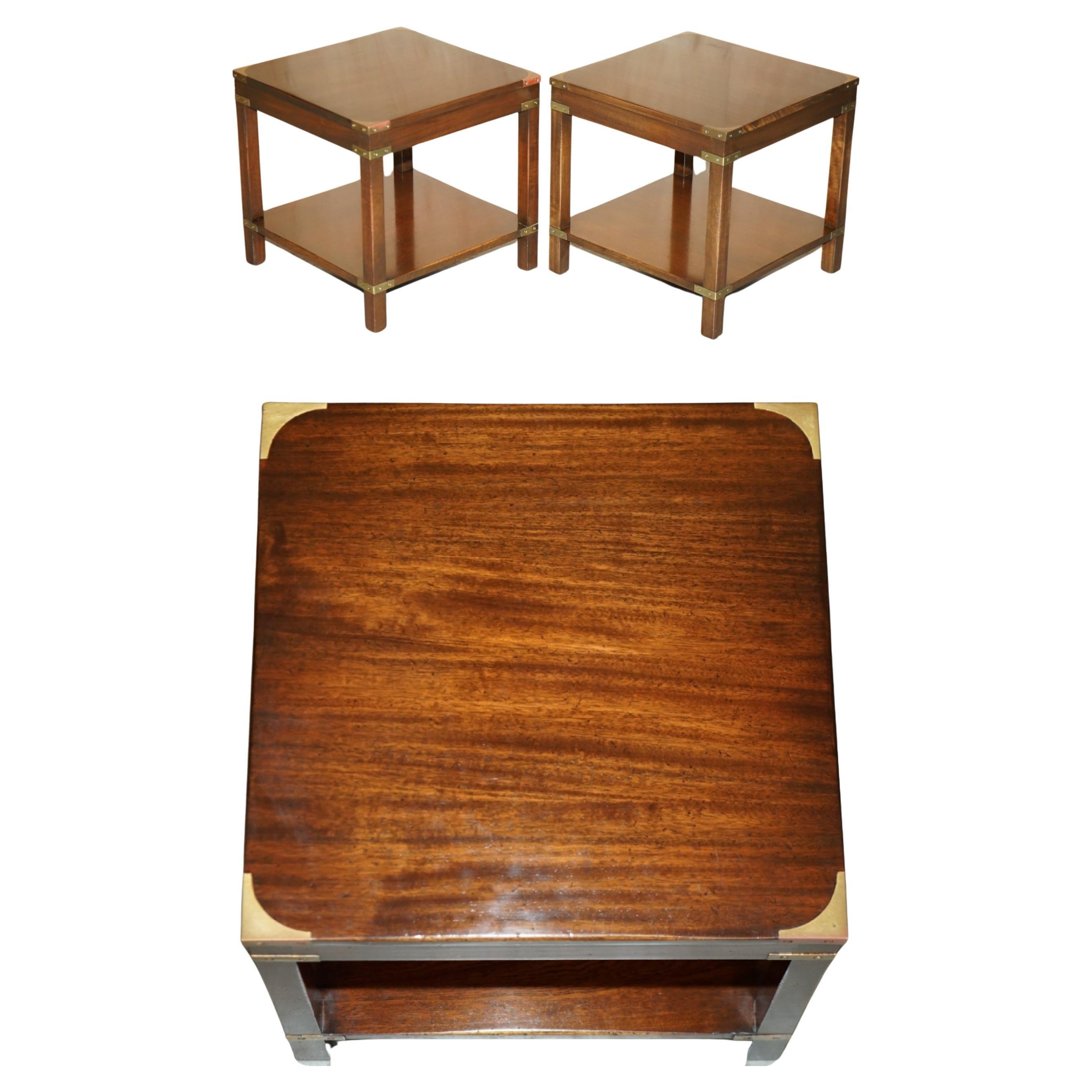PAIR OF HARDWOOD HARRODS LONDON KENNEDY MILITARY CAMPAIGN HIGH SiDE END TABLES For Sale