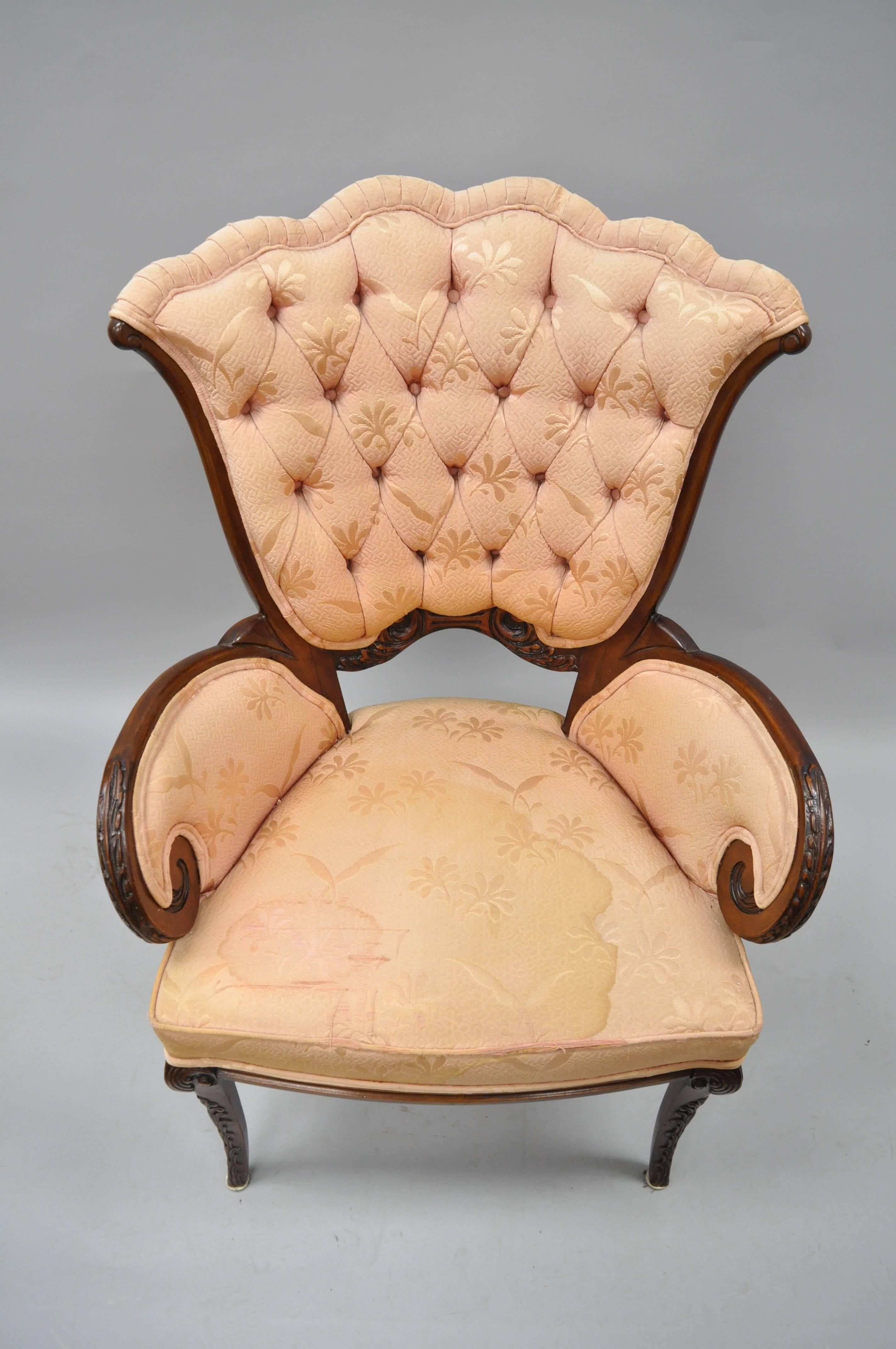 Pair of Mahogany Hollywood Regency Tufted Armchairs Attributed to Grosfeld House For Sale 4