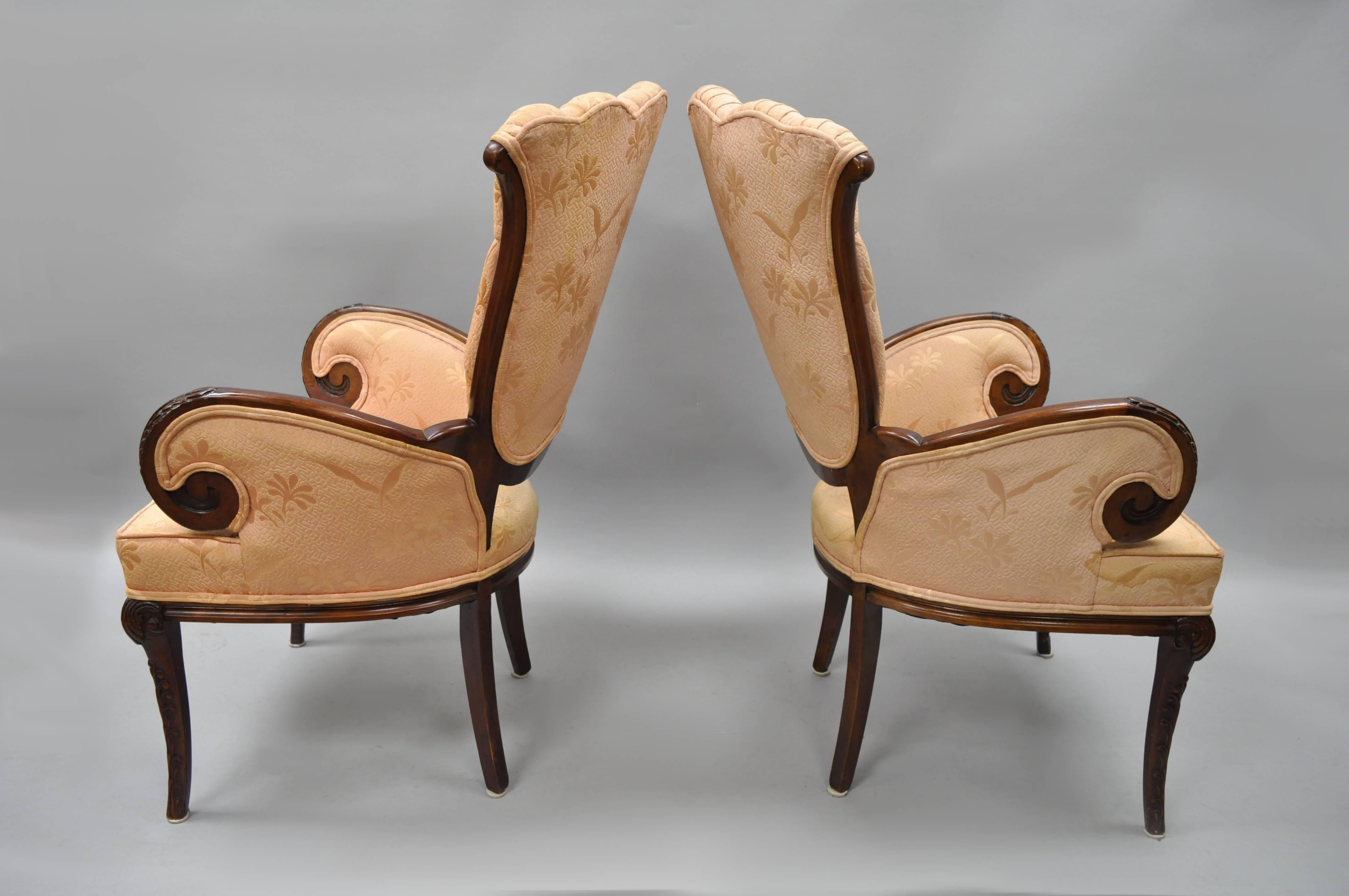 Carved Pair of Mahogany Hollywood Regency Tufted Armchairs Attributed to Grosfeld House For Sale