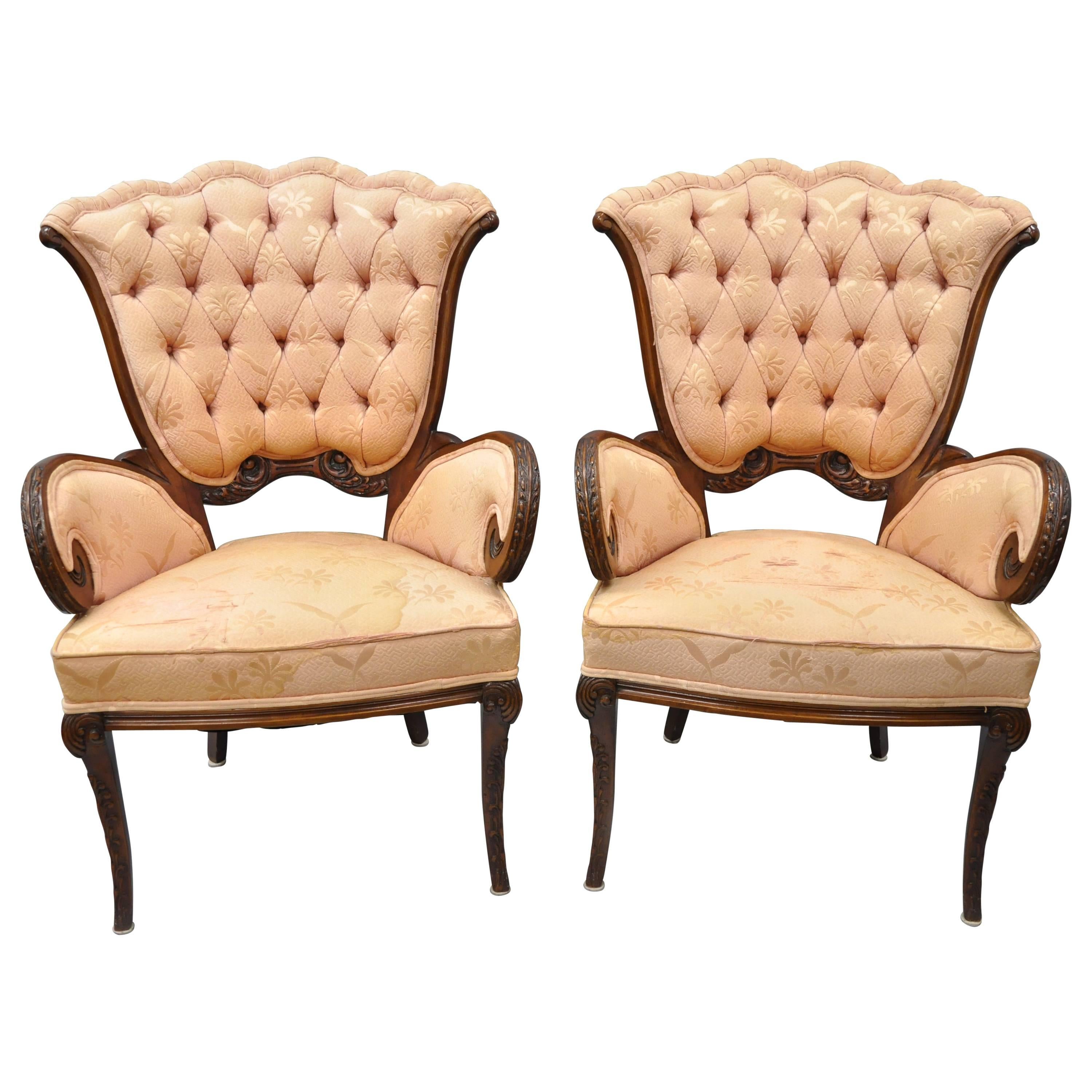 Pair of Mahogany Hollywood Regency Tufted Armchairs Attributed to Grosfeld House