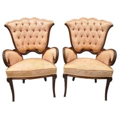 Vintage Pair of Mahogany Hollywood Regency Tufted Armchairs Attributed to Grosfeld House