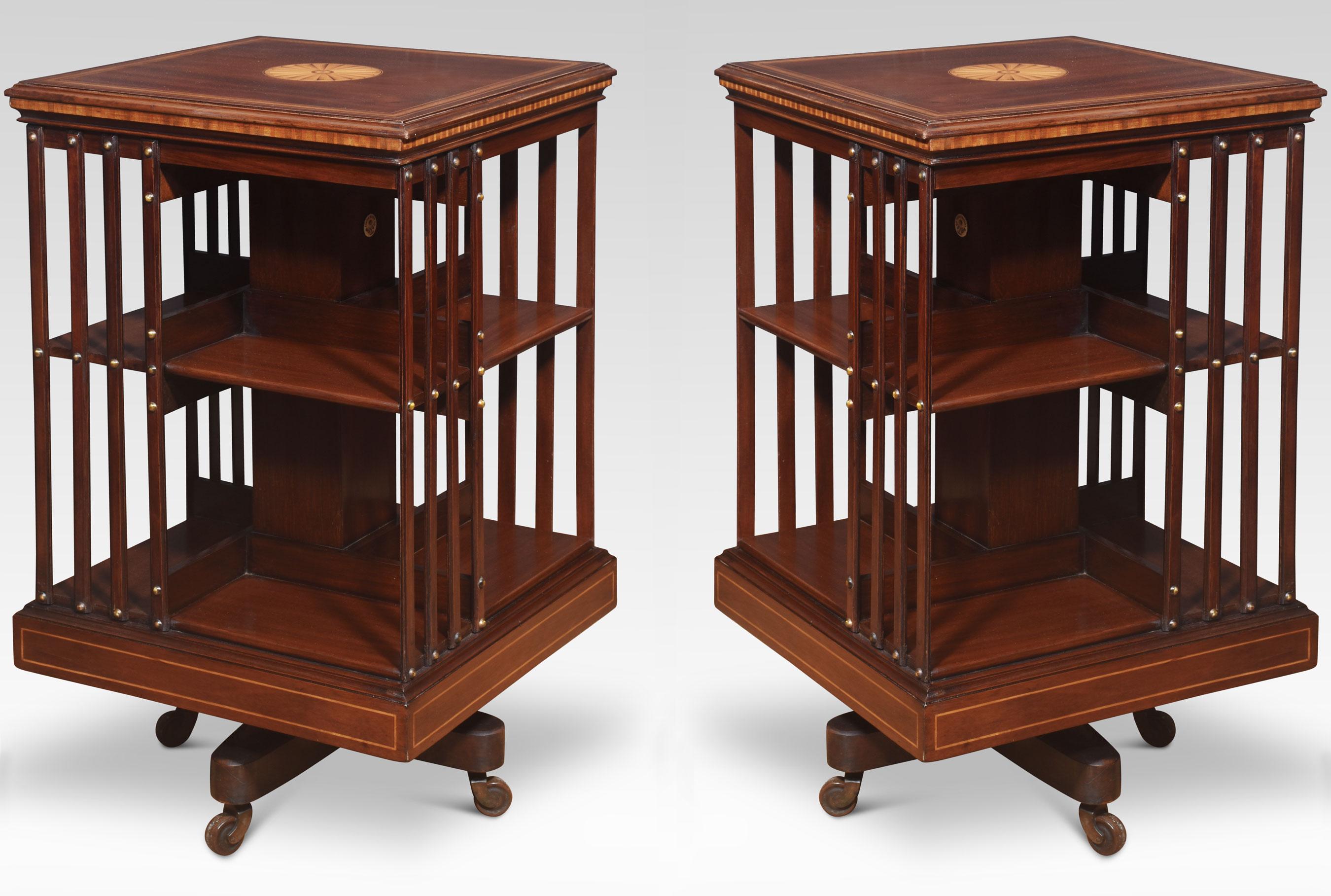 Pair of mahogany inlaid revolving bookcases by Maple and Co In Good Condition For Sale In Cheshire, GB