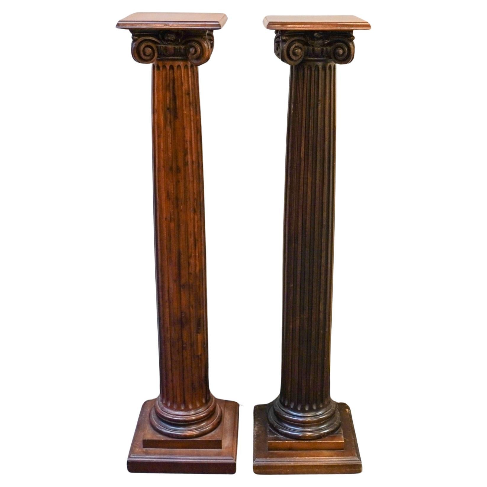 Greco Roman Pair Of Mahogany Ionic Order Style Column-Form Pedestals For Sale