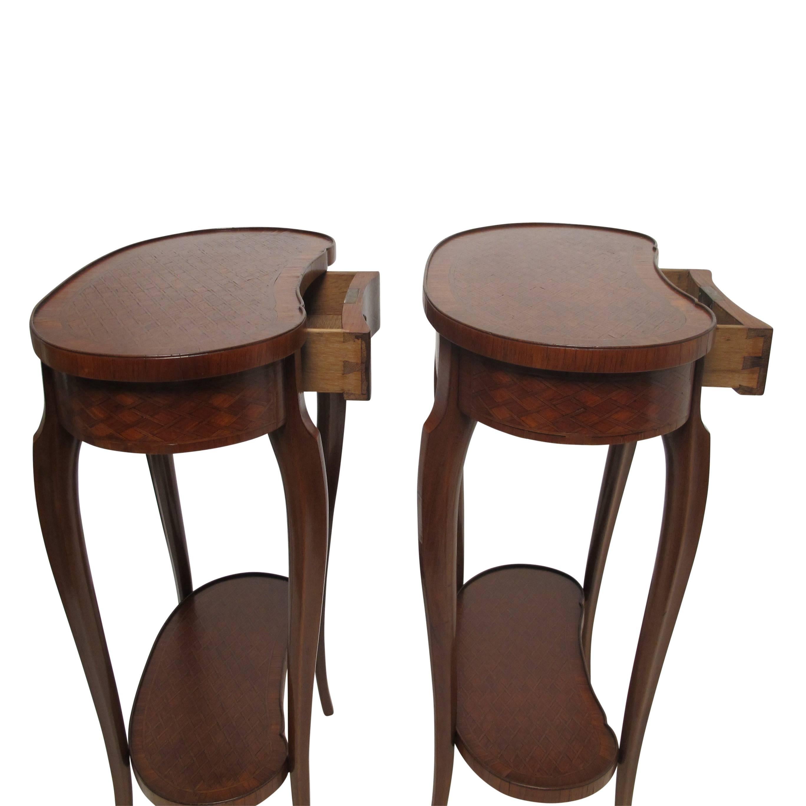 20th Century Pair of Mahogany Kidney Shape Parquetry Inlay Side Tables, French, circa 1900