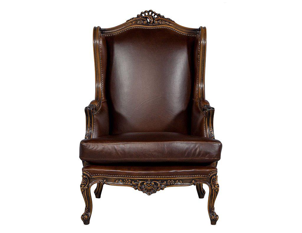 Italian Pair of Mahogany Leather Louis XV Wing Chairs