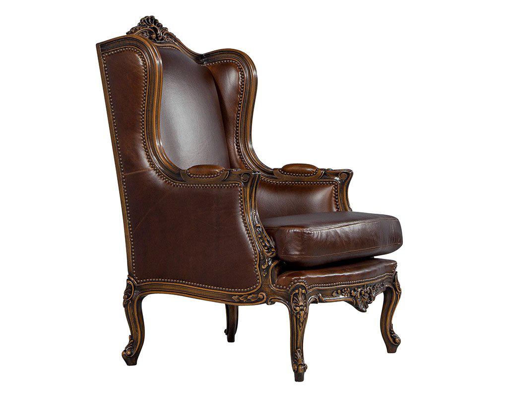 Pair of Mahogany Leather Louis XV Wing Chairs In Excellent Condition In North York, ON