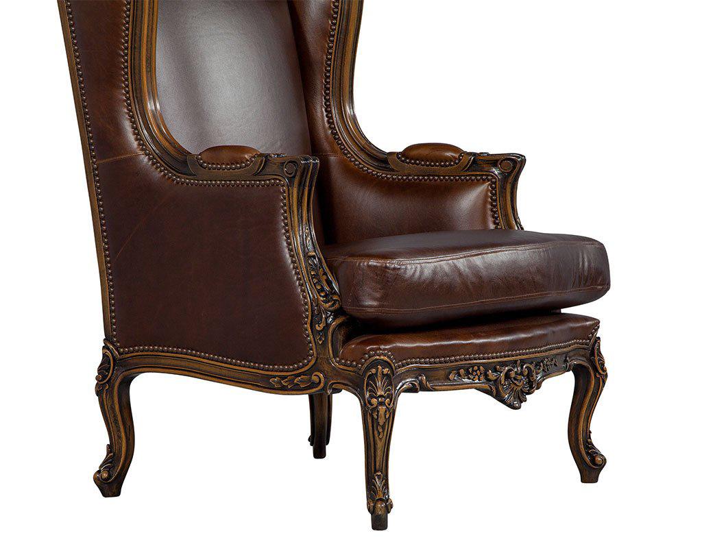 Contemporary Pair of Mahogany Leather Louis XV Wing Chairs