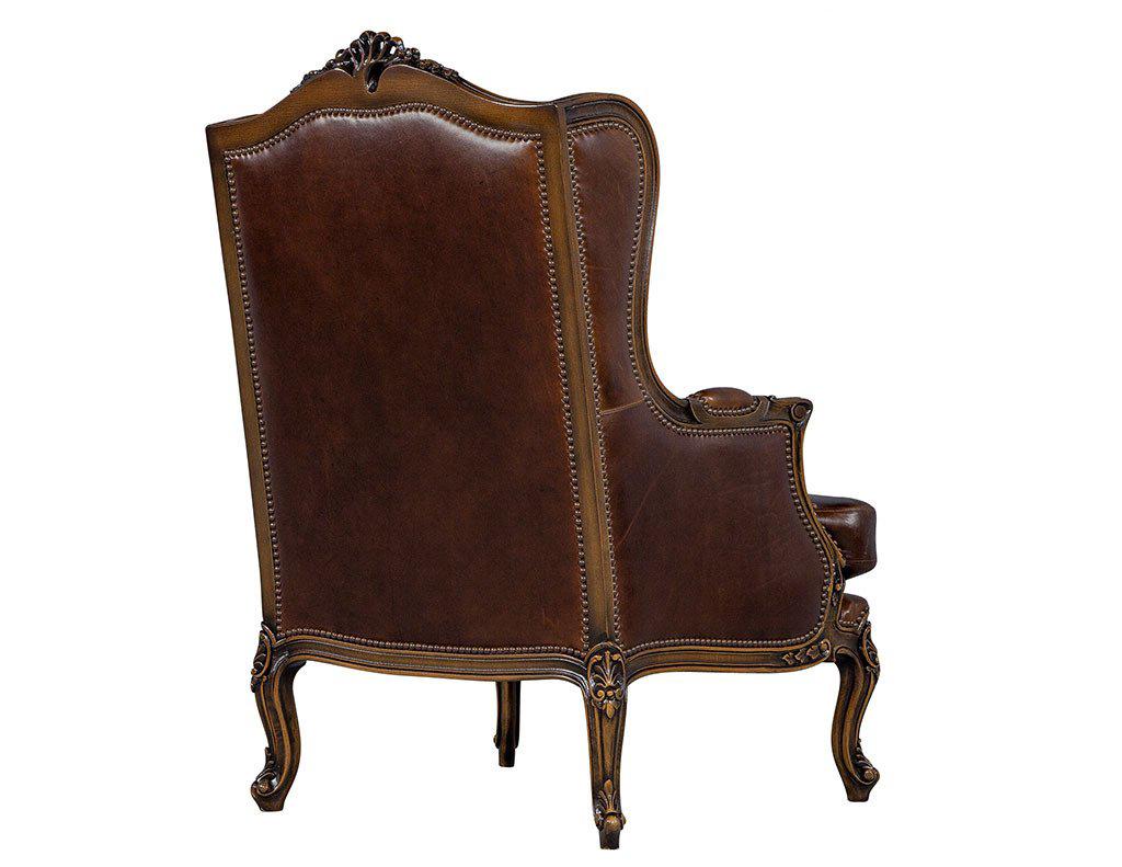Pair of Mahogany Leather Louis XV Wing Chairs 1