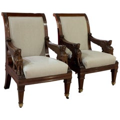 Pair of Mahogany Library Chairs with Carved Sphinx Decoration to the Arms 19thc