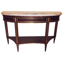 Pair of Mahogany Marble Top Demilune Jansen Style Consoles or Sofa Tables
