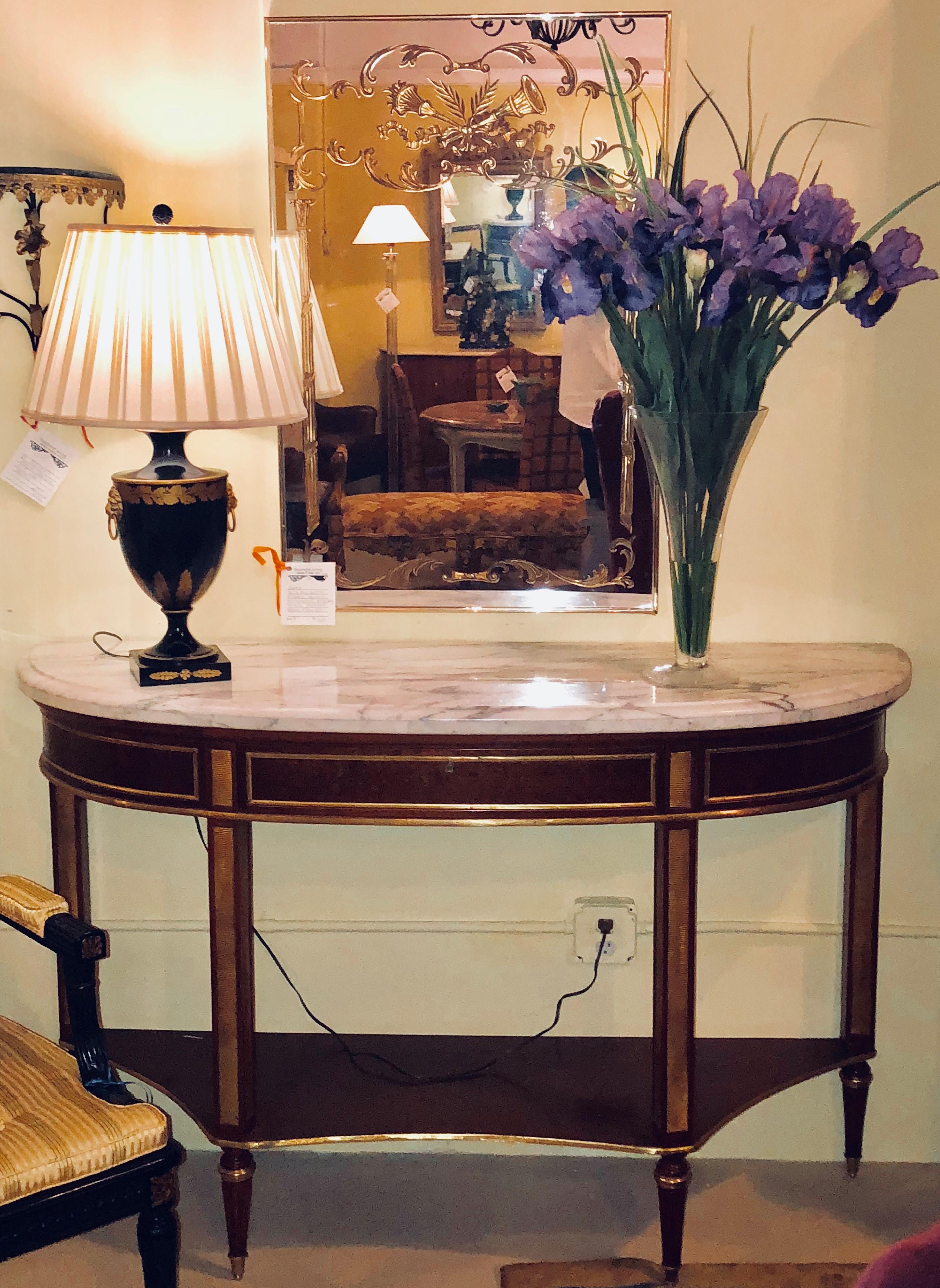 Pair of Mahogany Marble Top Demilune Jansen Style Consoles or Sofa Tables In Good Condition In Stamford, CT