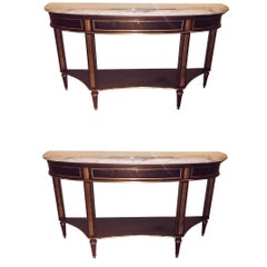 Pair Of Mahogany Marble Top Demilune Jansen Style Consoles Or Sofa Tables