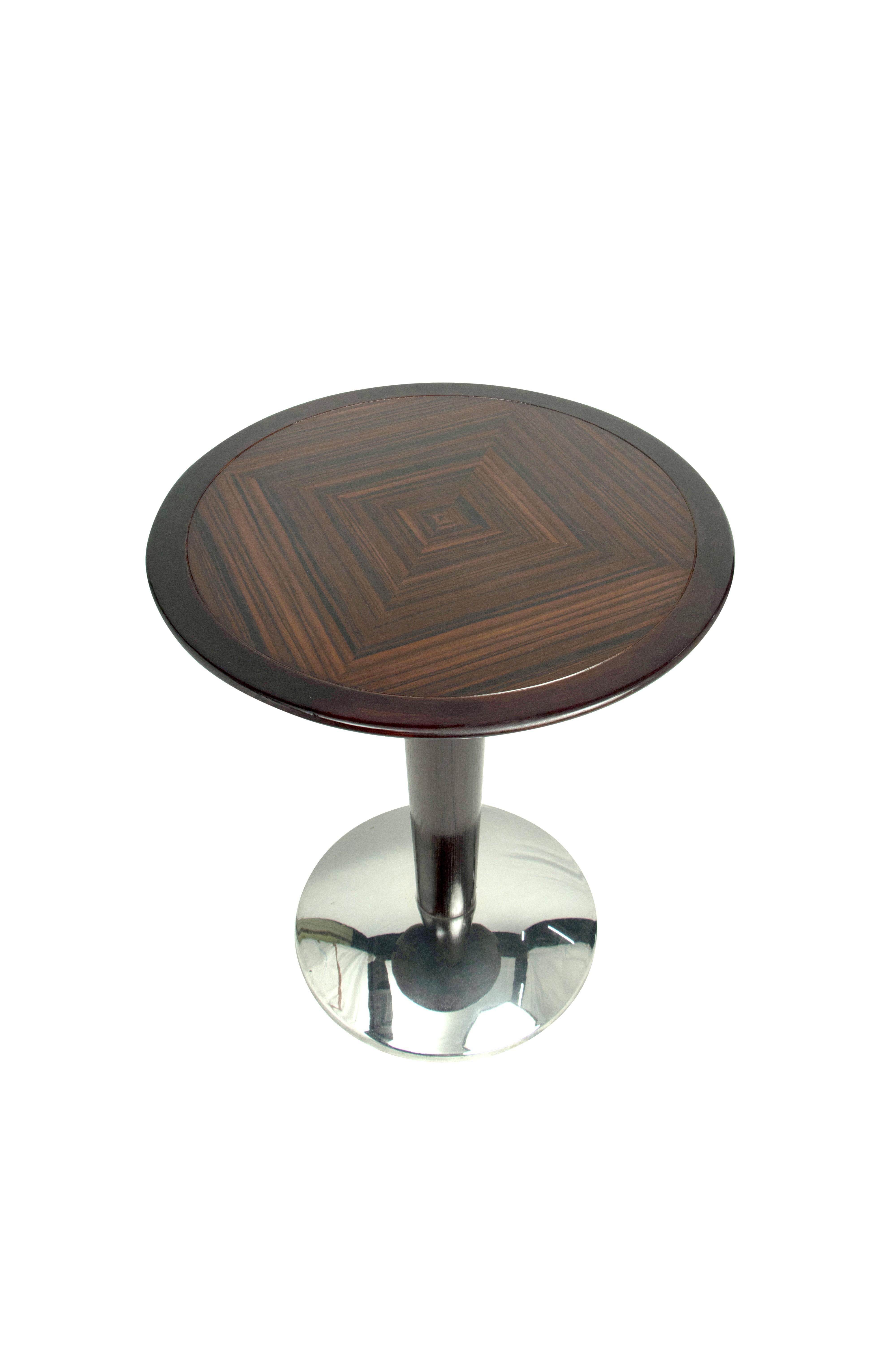 Pair of Mahogany Marquetry Side Tables with Chrome Base In Good Condition For Sale In Nantucket, MA