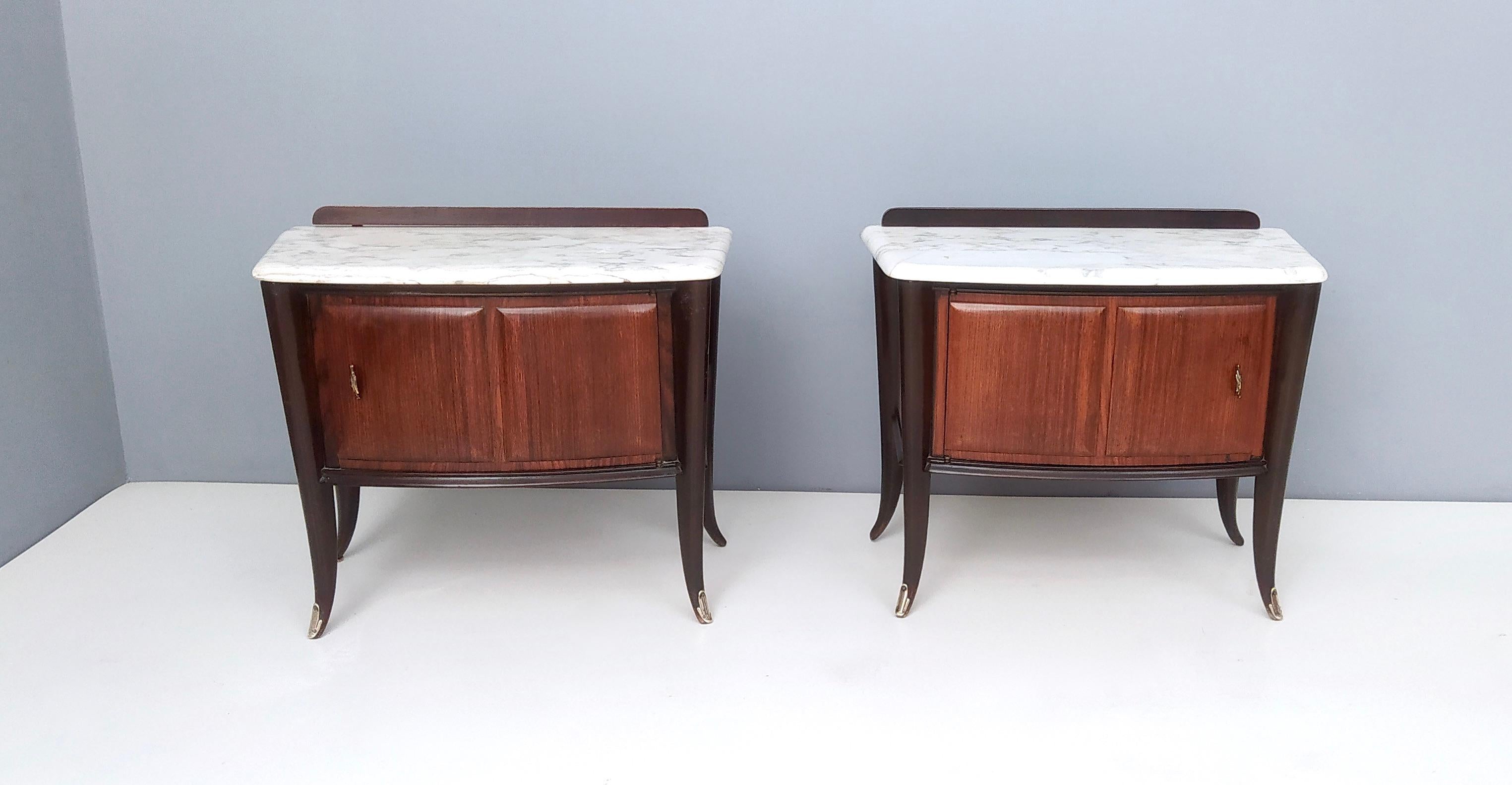 Mid-Century Modern Pair of Vintage Walnut Nightstands Produced by Dassi with Carrara Marble Top