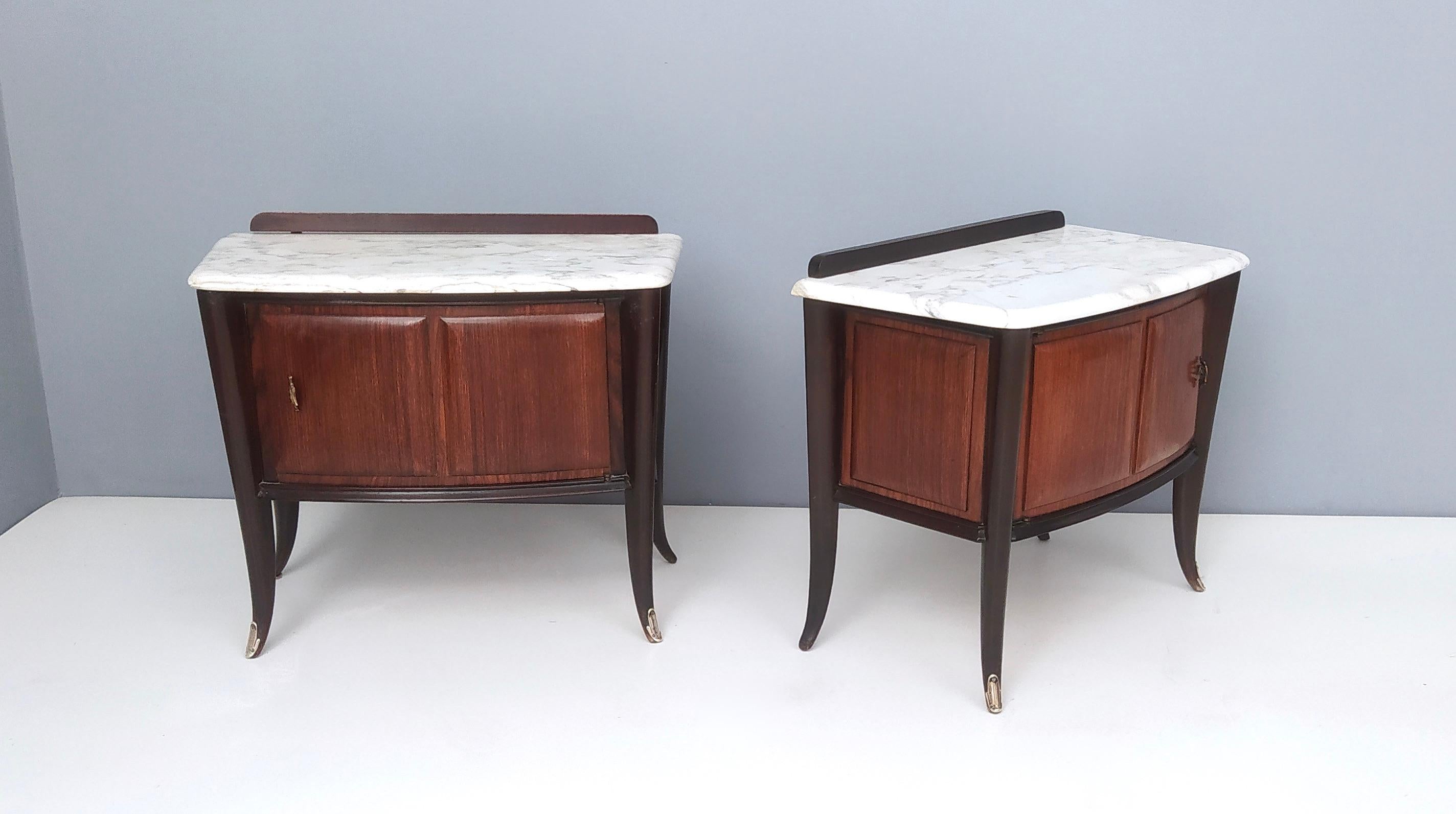 Italian Pair of Vintage Walnut Nightstands Produced by Dassi with Carrara Marble Top