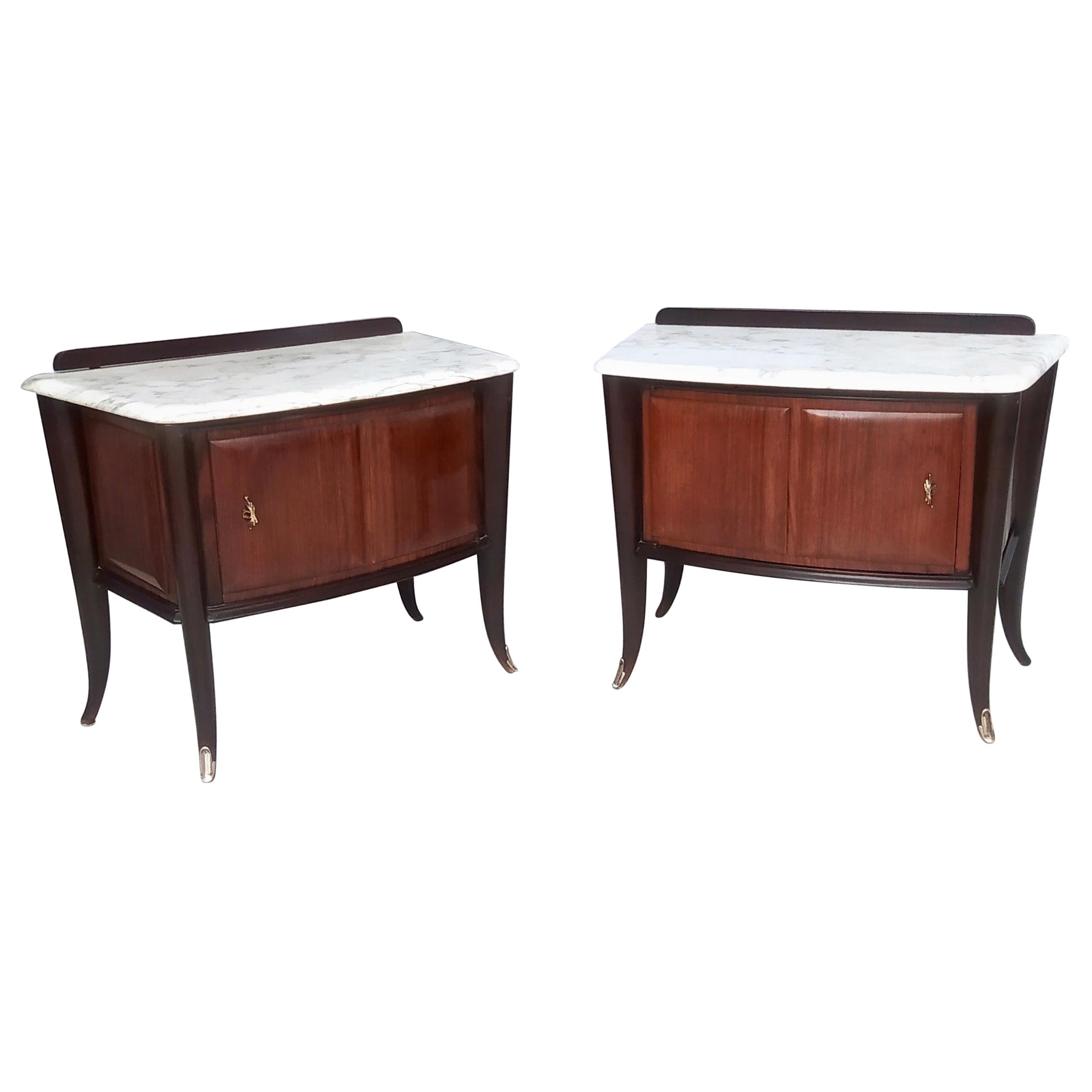 Pair of Vintage Walnut Nightstands Produced by Dassi with Carrara Marble Top