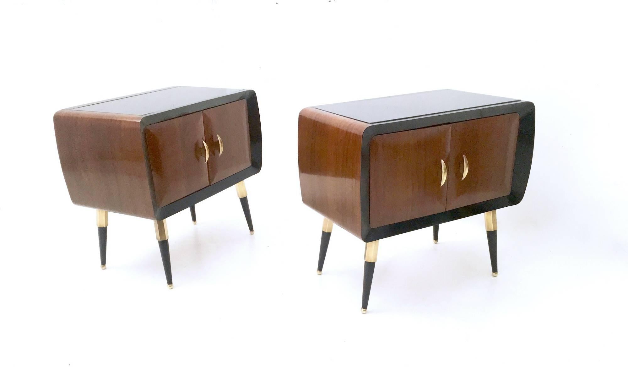 Italian Pair of Mahogany Nightstands with Back-Painted Glass Top, Italy, 1950s