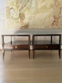 pair of mahogany Parzinger side tables drawers brass detailed pull USA