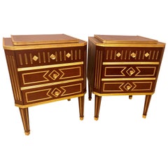 Vintage Pair of Mahogany Russian Neoclassical Three-Drawer End Tables or Nightstands