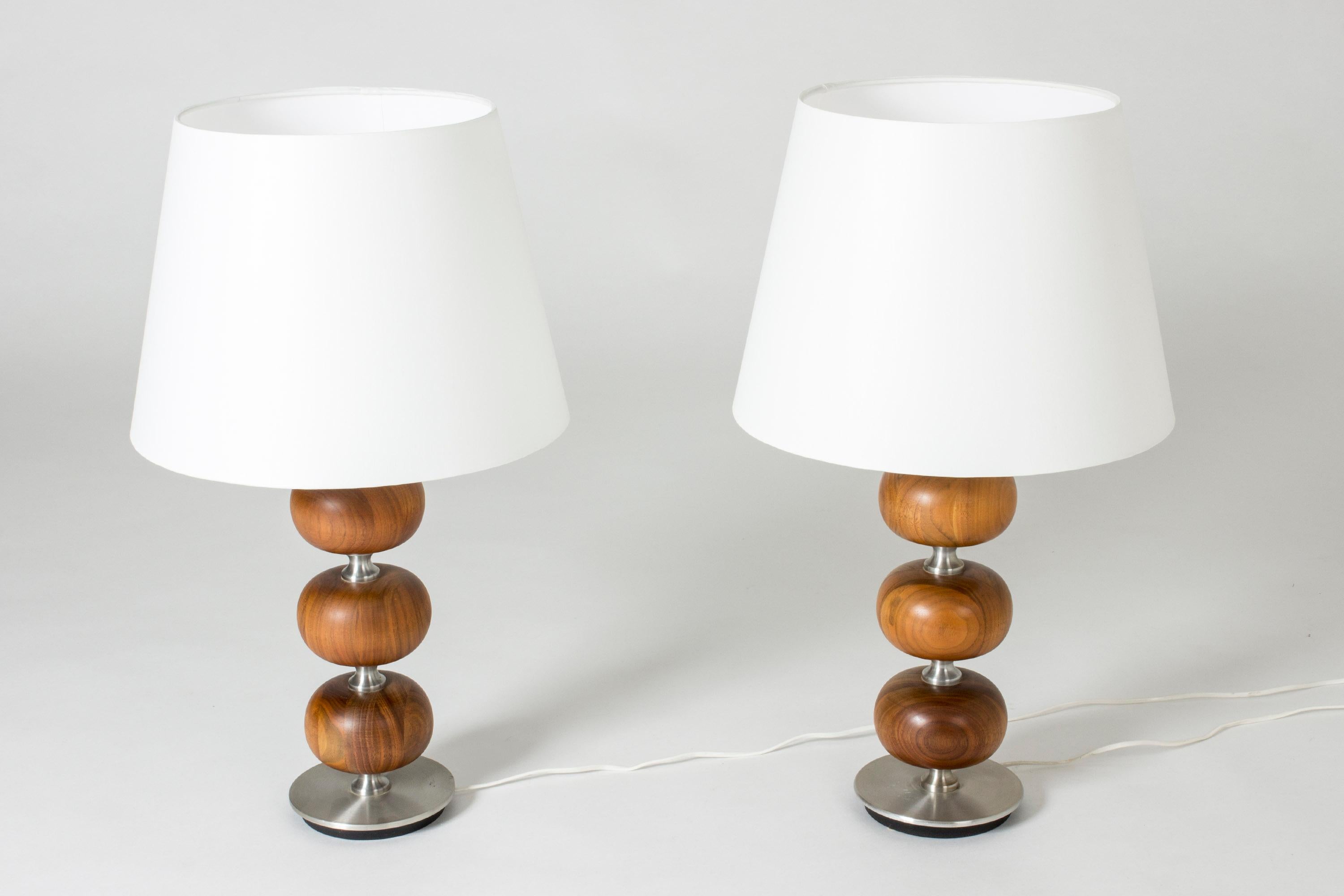 Pair of beautiful table lamps by Henrik Blomqvist, made from bulbuous mahogany alternated with steel sections, brushed steel base.