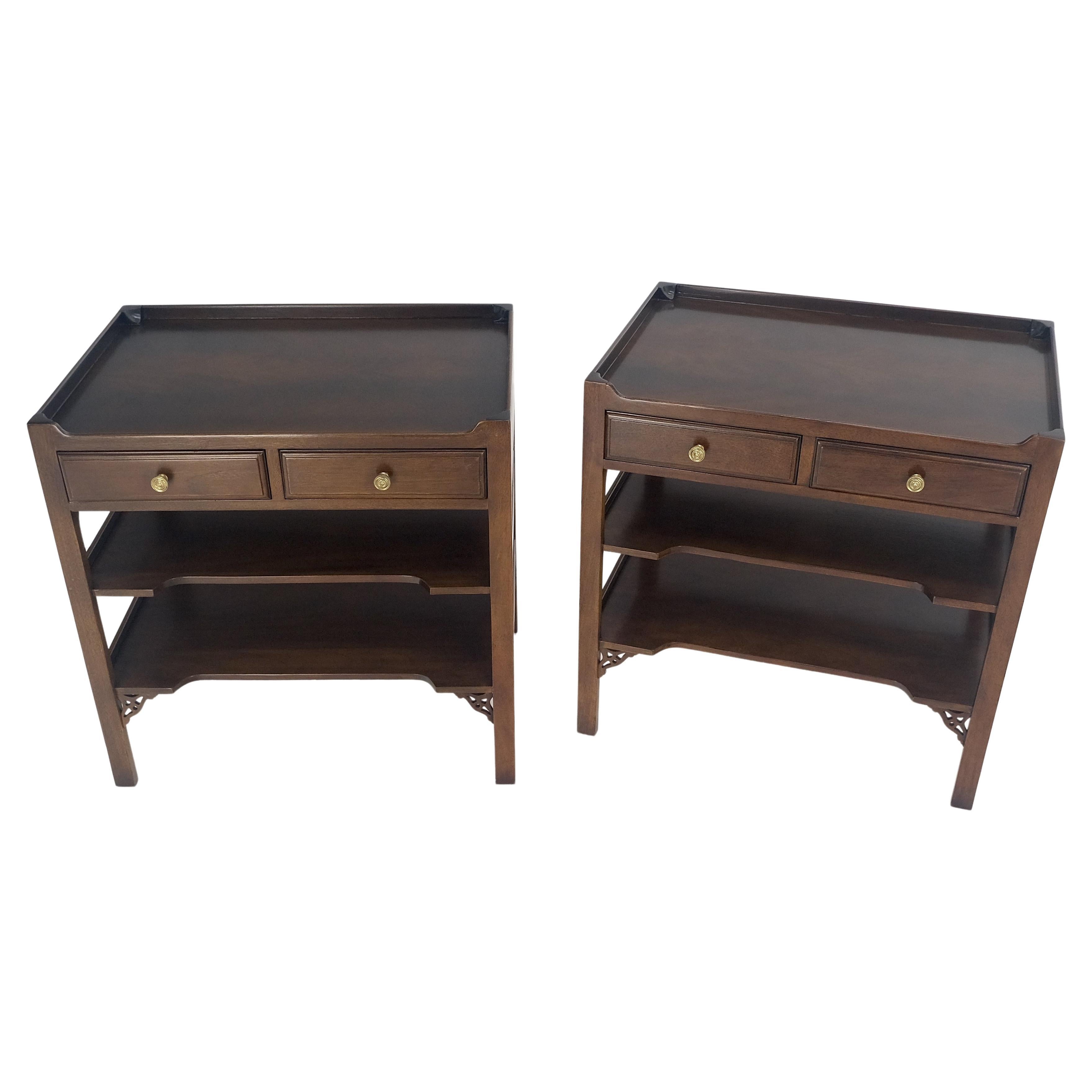 Pair of Mahogany Two Drawers 3 Tier Gallery Edge Night Stands Lamp Tables MINT!