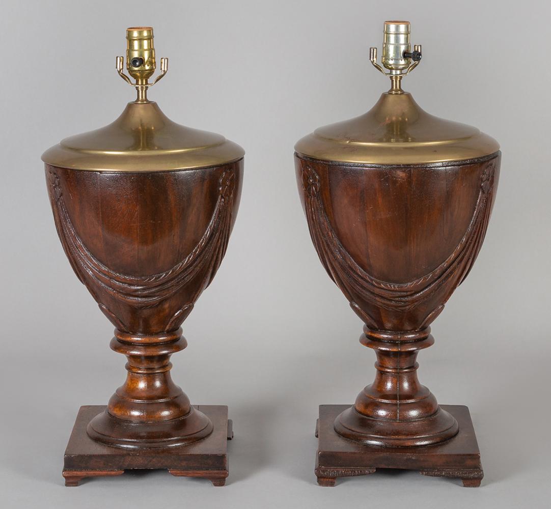 English Pair of Mahogany Urn Shaped Lamps For Sale